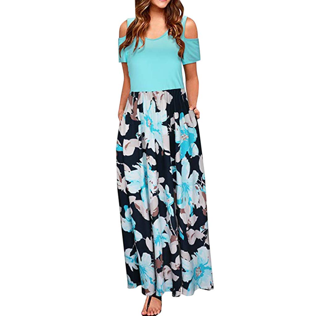 Handyulong Women's Short Sleeve Printed Maxi Dress with Cold Shoulder & Pockets - Summer Beach Party Dress for Casual Outings, Vacations and Special Occasions