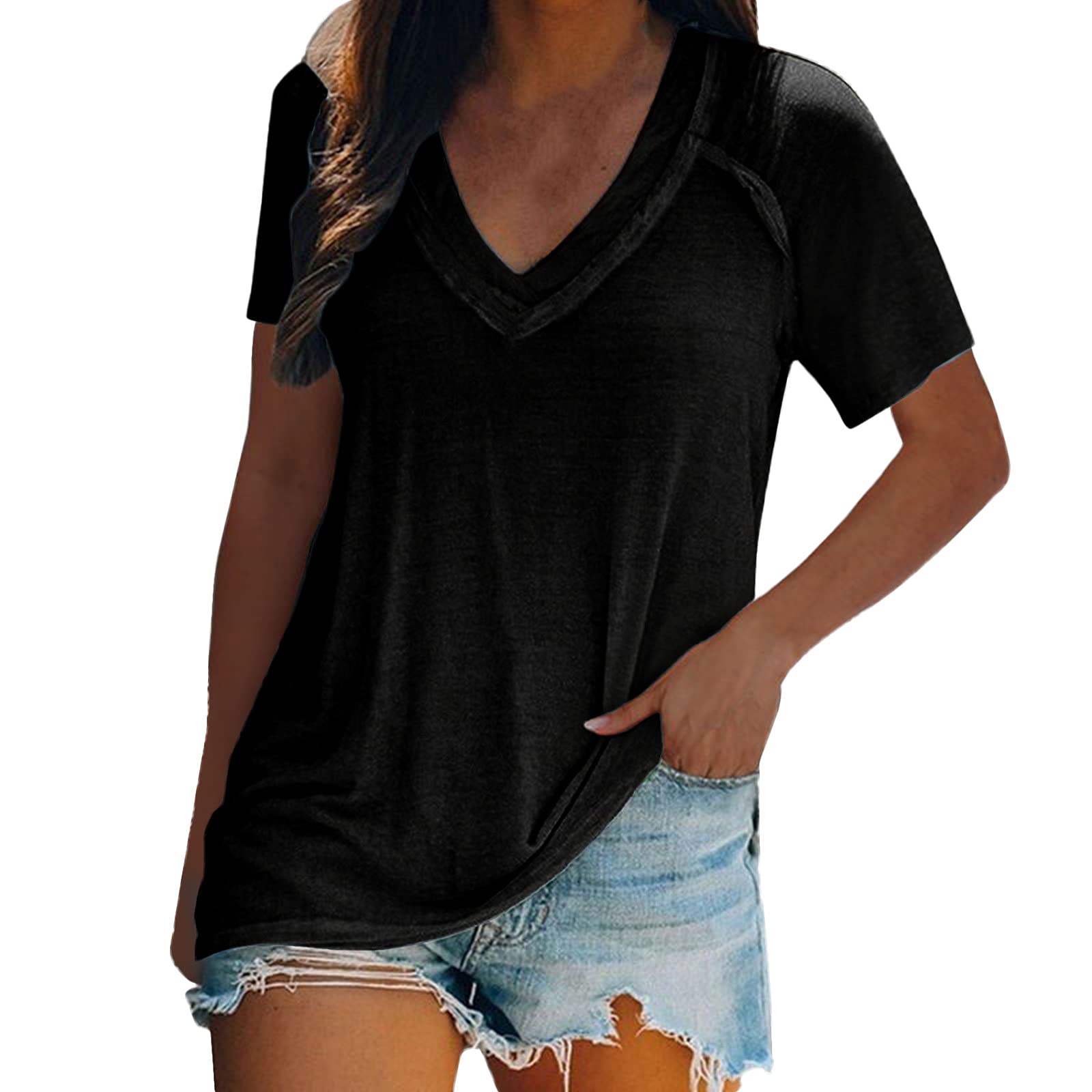 Women's V Neck Short Sleeve T-Shirt - Summer Casual Loose Top for Outings