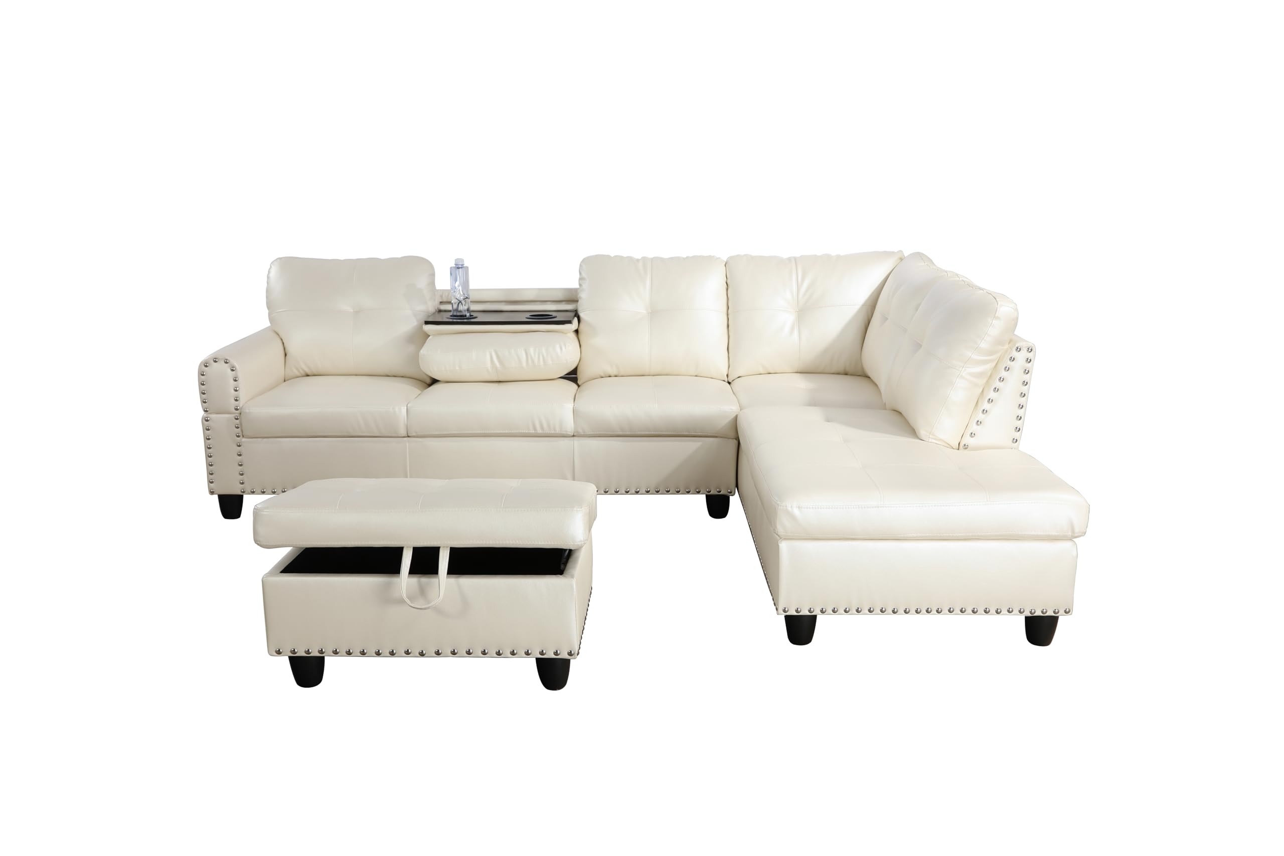 3-Piece Faux Leather Sectional Sofa Set with Chaise Lounge & Storage Ottoman - Button Tufted Upholstered Modular Couch, L-Shaped Living Room Furniture with Foldable Console & Cup Holders (White) | Perfect for Small Spaces, Apartments & Cozy Family Movie Nights