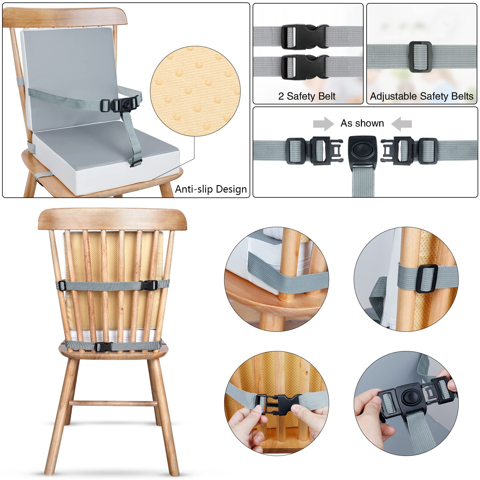 HOSEASCA Adjustable Toddler Booster Seat with Backrest & Waist Belt - Waterproof High Chair for Dining Table - Perfect for Home Kitchen, Restaurant & Travel (Grey)