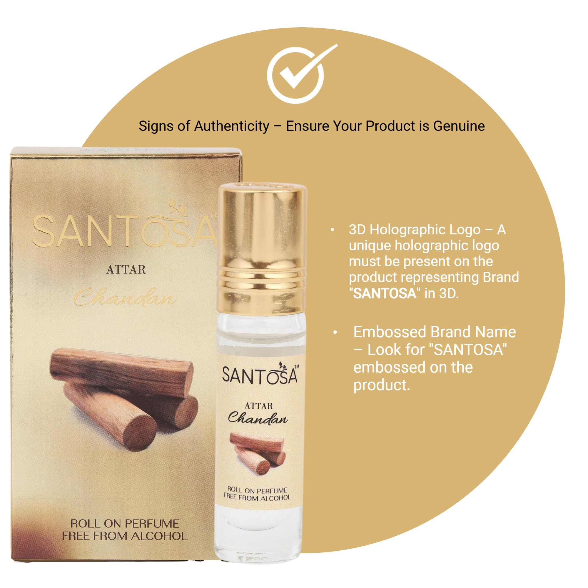 Premium Santosa Original Sandal Attar (Chandan Itra) - Alcohol-Free Long-Lasting Roll-On Perfume with Authentic Sandalwood Oil (6ml) | Travel-Friendly Fragrance for Daily Wear, Meditation & Aromatherapy