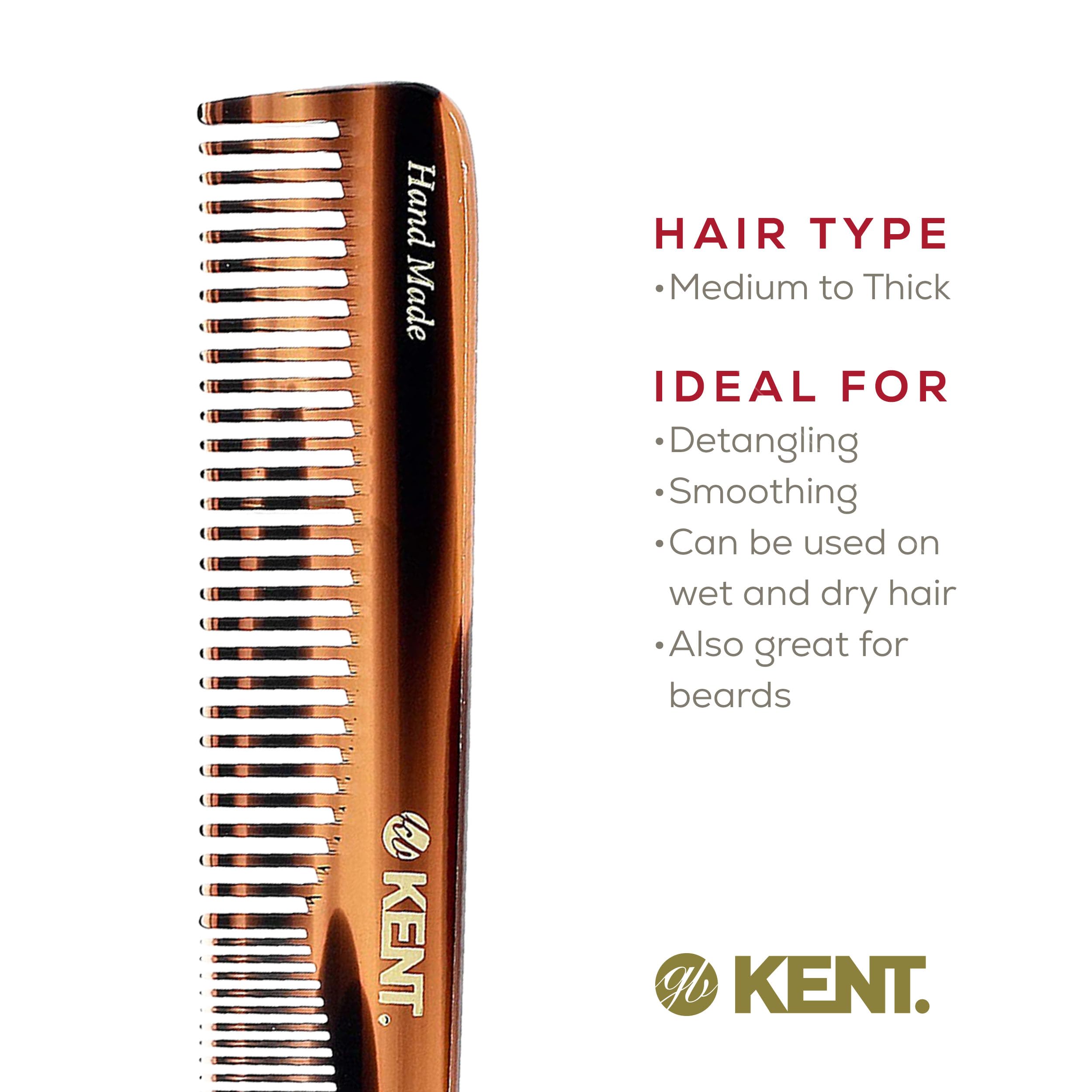 Kent 6T Fine & Wide Tooth Hair Comb Set - Handmade Styling Comb for Men, Women & Kids - Professional Barber & Beard Grooming Tool for Detangling, Styling & Hair Care - Perfect for Home, Salon & Travel Use