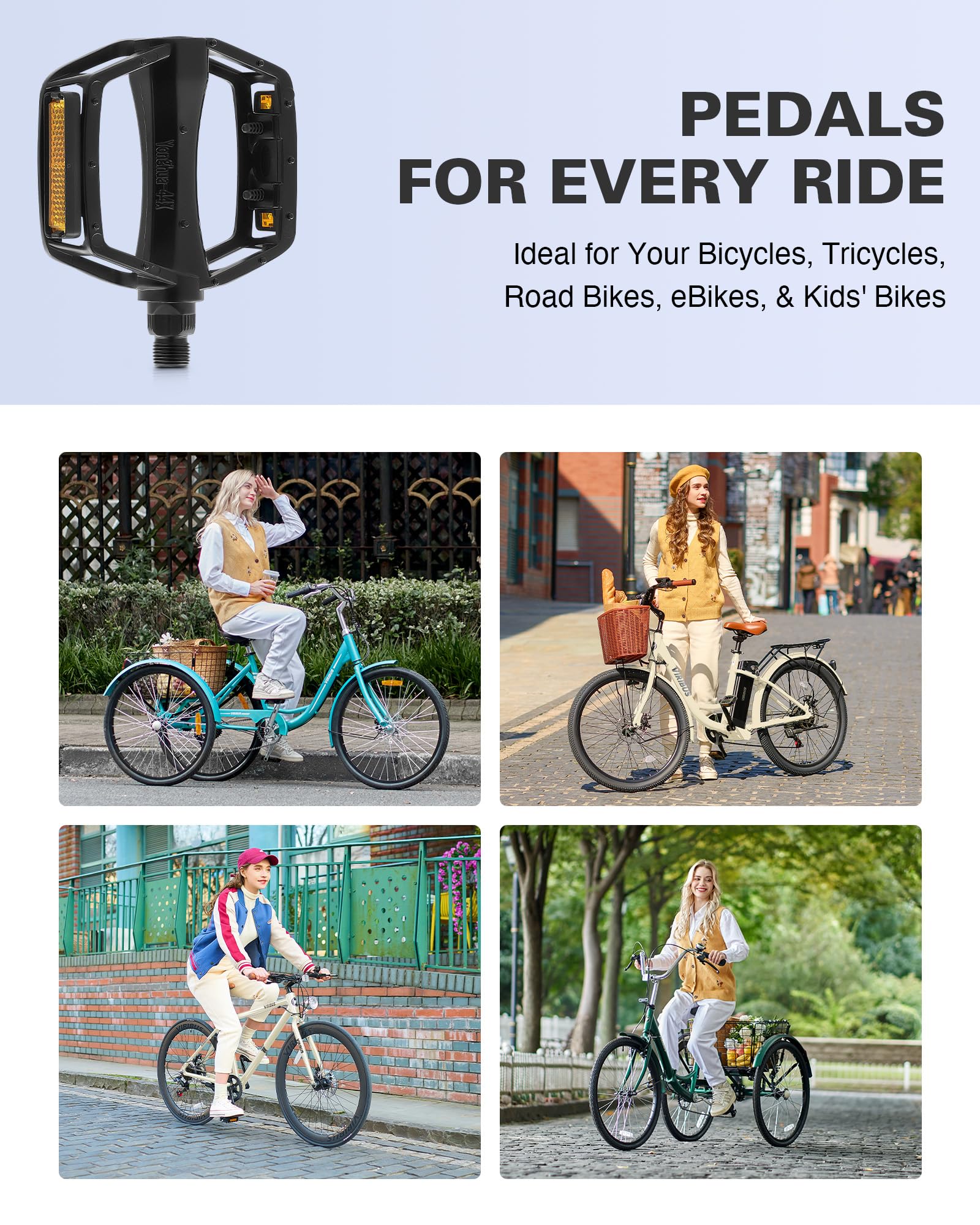 VIRIBUS 9/16 Inch Bike Pedals - Lightweight Aluminum Alloy/PP Bicycle Pedals with Non-Slip Platforms & Reflectors, Waterproof BMX Pedals for Road Bikes, Mountain Bikes, Tricycles, Electric Bikes & Kids Bikes - Perfect for Commuting, Off-Roading & Family Cycling