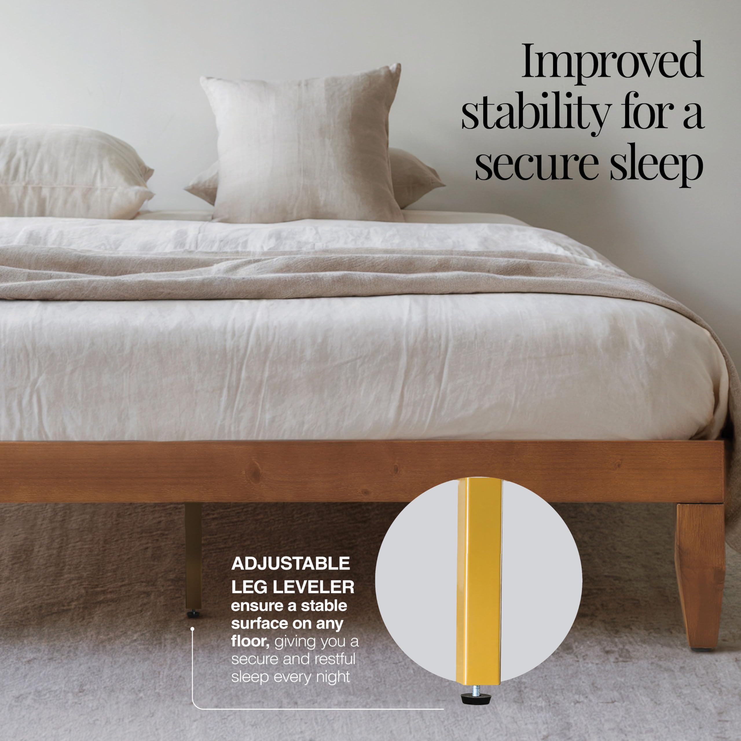 Solid Pine Wood Platform Bed Frame Queen Size - 12 Inch Sturdy No Box Spring Needed with Wooden Slats & Leveling Feet | Easy Assembly & Improved Stability | Perfect for Modern Bedrooms, Guest Rooms & Small Spaces