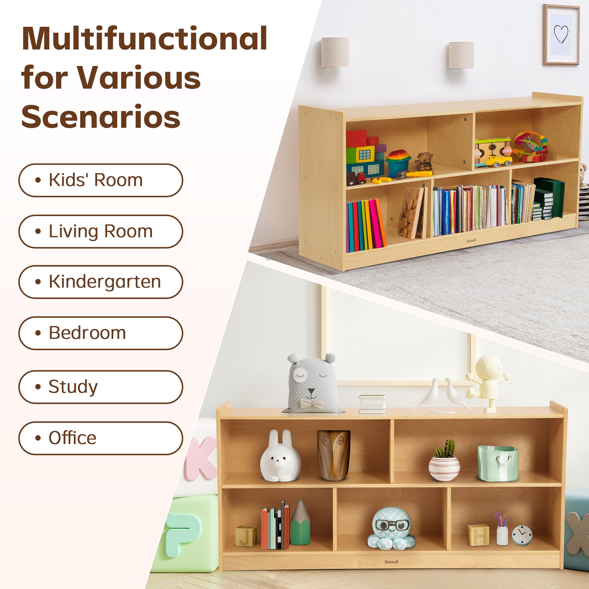 Large Wooden Toy Storage Organizer - 2-Shelf Montessori Bookshelf & 5-Section Kids Bookcase - Sturdy Classroom Storage Cabinet & Toddler Toy Shelf for Kids Room, Playroom, Nursery - Perfect for Organizing Toys, Books, and Learning Materials in Daycare, Preschool, or Home Play Areas