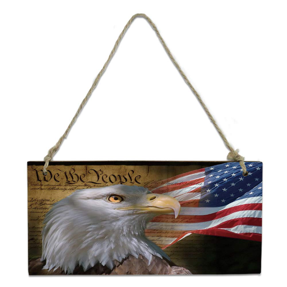 Bald Eagle Farmhouse Wooden Plaque Sign - Patriotic USA Flag Decor with Ropes - 8x4 Inch Rustic Wall Hanging for Porch, Door & Home Decoration - Perfect for 4th of July, Memorial Day & Patriotic Events