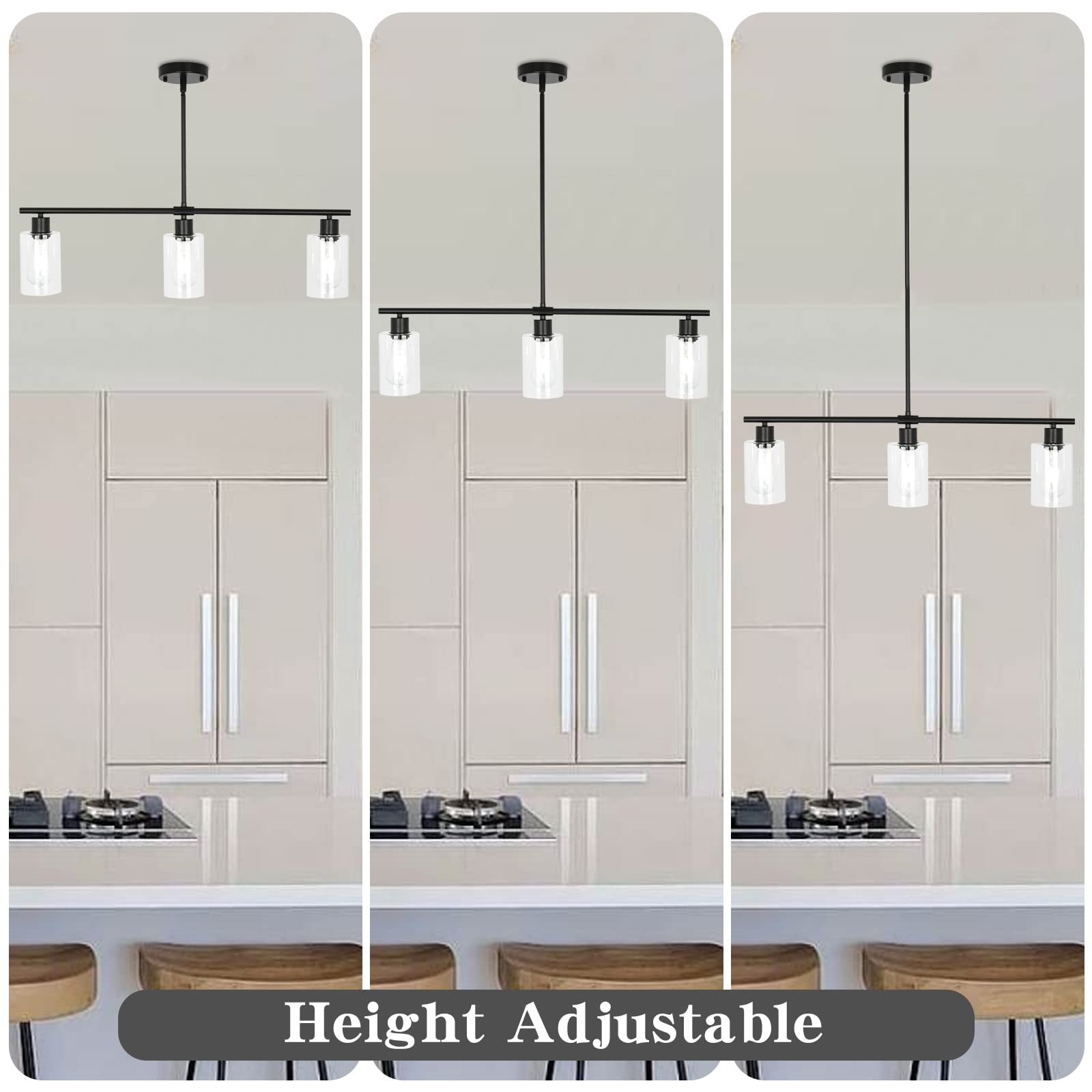 Modern Black Farmhouse Chandelier - 3-Light Pendant Lighting for Kitchen Island, Dining Room & Living Room | Glass Shade Ceiling Hanging Light Fixture | Perfect for Entryway, Foyer & Home Decor
