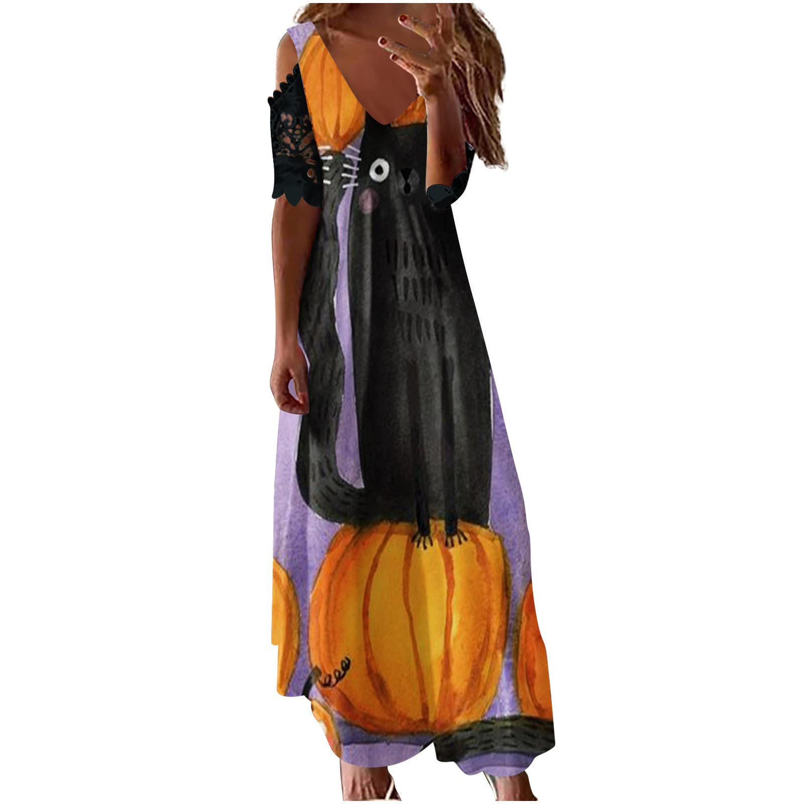 Women's Halloween Summer Printed Dress - Casual V-Neck Lace Short Sleeve Long Dress Costume | Perfect for Halloween Parties, Cosplay & Summer Outfits
