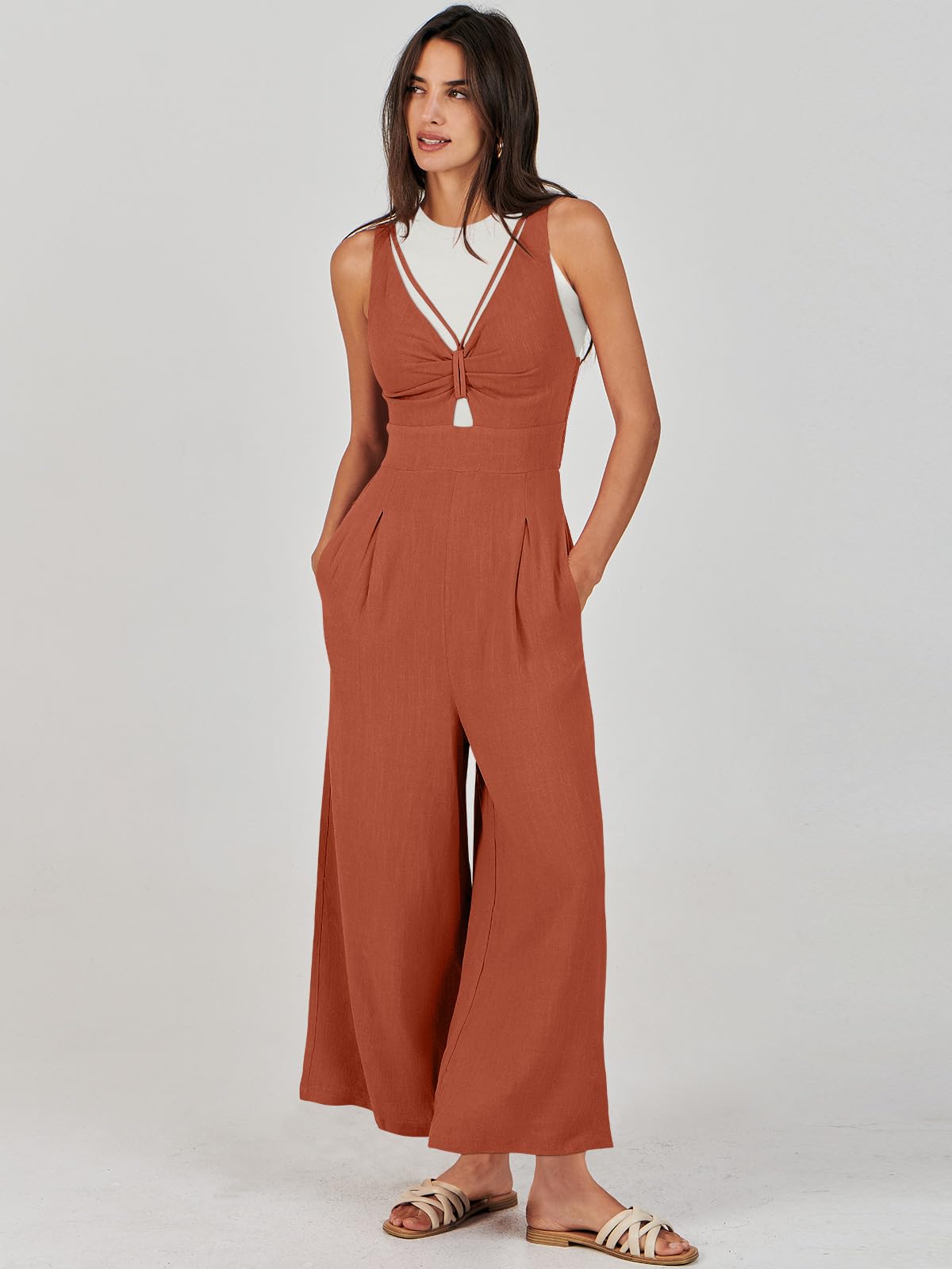 ANRABESS Women's Summer Wide Leg Linen Jumpsuit - V Neck Sleeveless Casual Romper with Pockets | Beach Vacation Outfit, Boho Chic Dressy Lounge Wear for Travel & Outdoor Activities