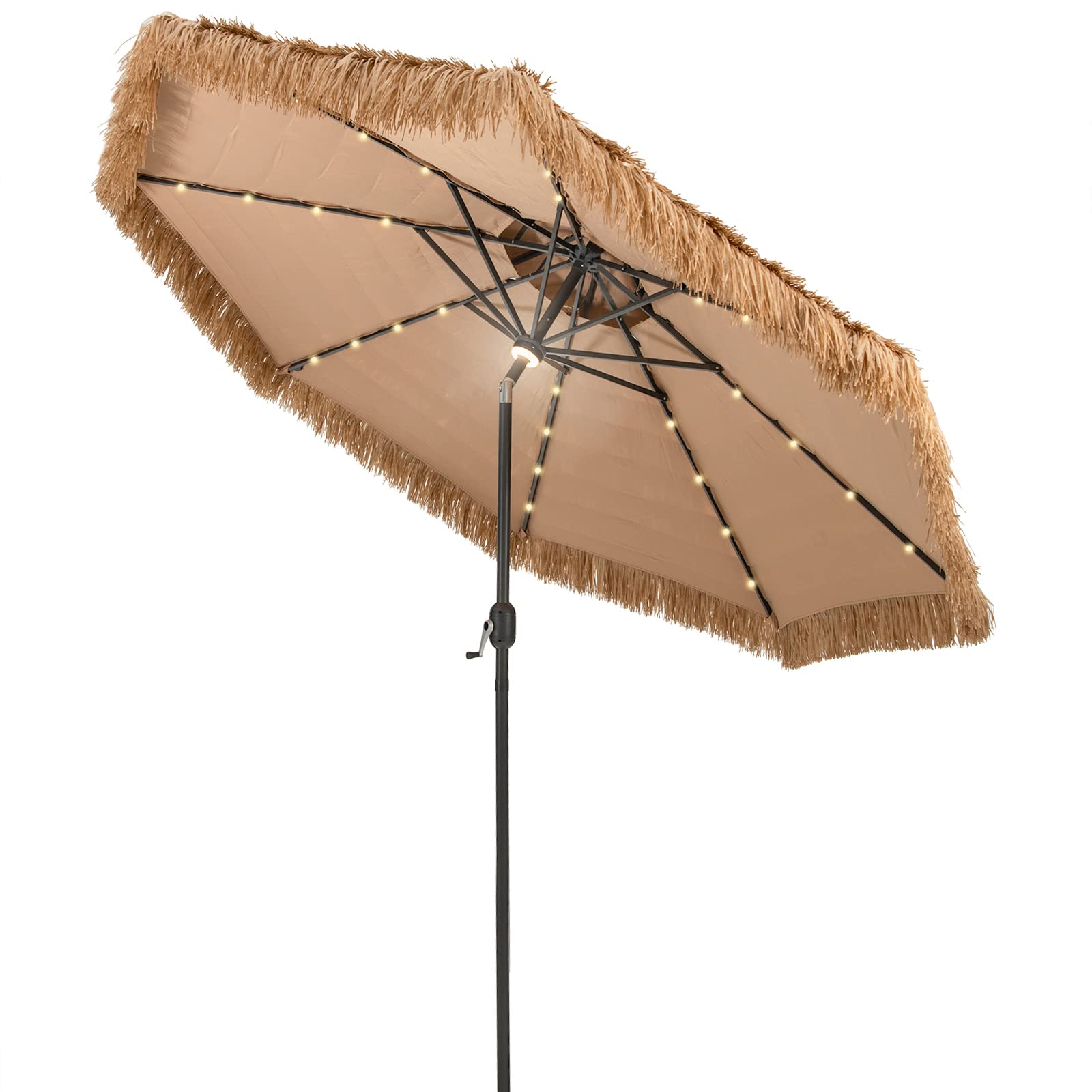 Tangkula 10ft Hawaiian-Style Thatched Patio Umbrella with 32 LED Lights & Solar Center Light - 2-Tier Tiki Umbrella, 8 Ribs, Tilt Adjustment, Manual Crank for Backyard, Poolside, Deck, Beach & Outdoor Parties