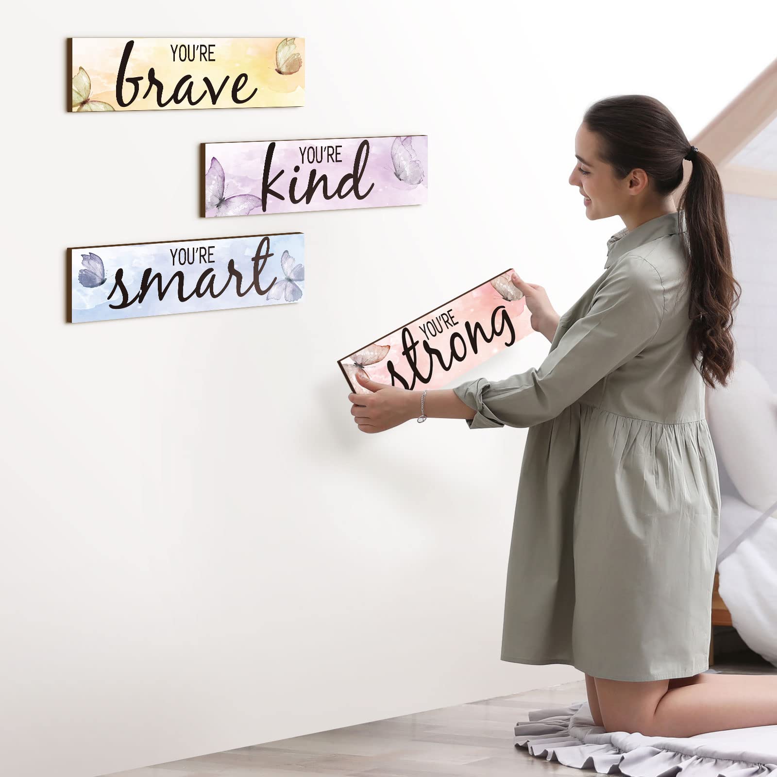 4-Piece Butterfly Inspirational Quote Wooden Wall Art - Motivational Home Decor for Women & Girls - Rustic Room Signs for Bedroom, Office, Nursery & Living Room - Perfect for Gifts & Home Decoration