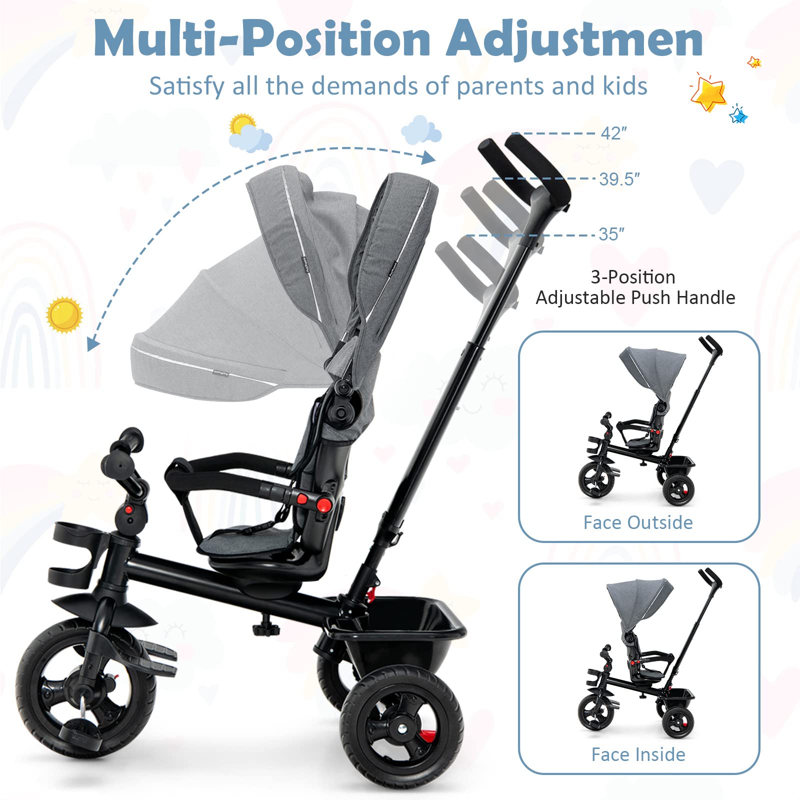 BABY JOY 5-in-1 Toddler Tricycle with Removable Push Handle, Reversible Seat & Adjustable Canopy - EVA Wheels, Cup Holder & Storage - Perfect First Bike for Kids 1.5-5 Years Old (Grey) - Great for Outdoor Play, Park Rides & Learning Balance