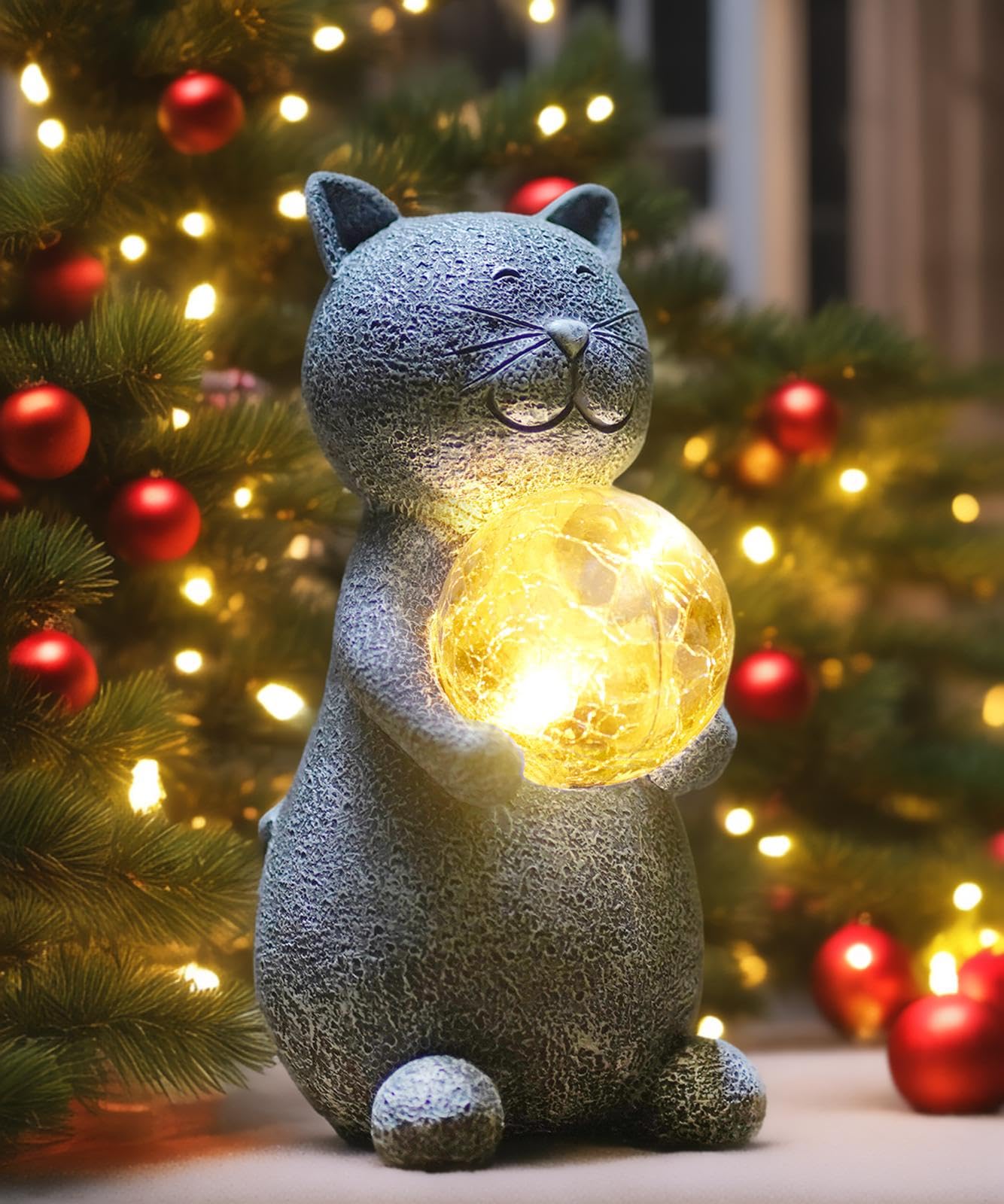Solar Cat Statue with LED Lights - Outdoor Garden Decor, Gray Cat Figurine for Patio, Yard & Home - Perfect Gift for Mom, Grandma & Cat Lovers (Night Light & Landscape Decoration)