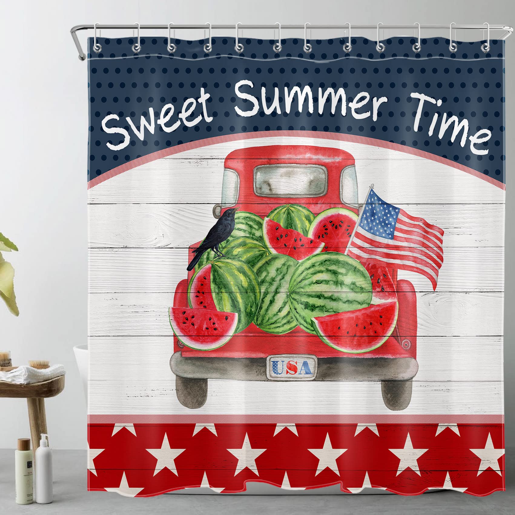 American Flag Independence Shower Curtain - Watermelon Rustic Red Truck Design Bathroom Decor, 72x72 Inch Fabric Shower Curtain with Hooks - Perfect for 4th of July, Summer Bathroom Themes & Patriotic Home Decor