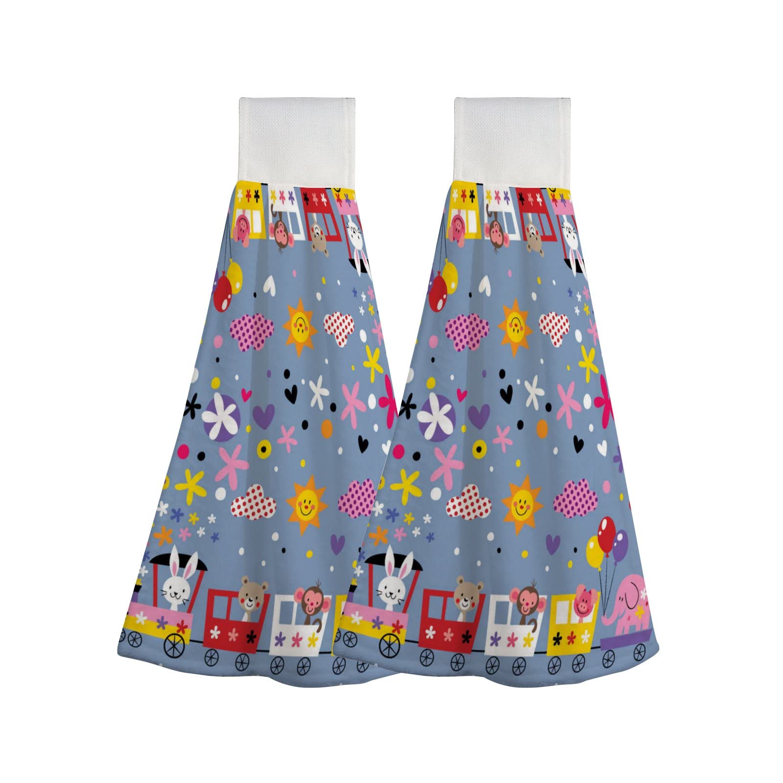 Kids Cartoon Animal Train Hanging Hand Towels Set of 2 - Super Absorbent Soft Bathroom Kitchen Towels with Loops, Machine Washable - Perfect for Kids' Bathrooms, Kitchens & Playrooms