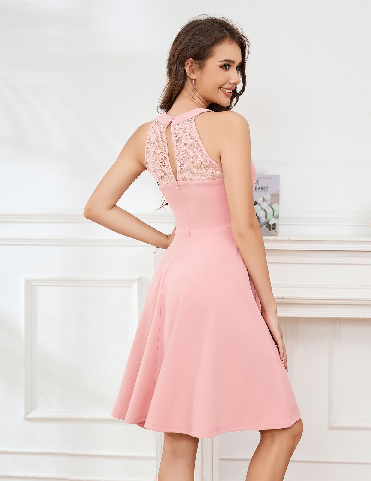 Elegant Women's Cocktail Prom Wedding Dress - Halter Neck Lace Vintage Short Evening Party Gown for Homecoming, Bridal Shower & Special Occasions