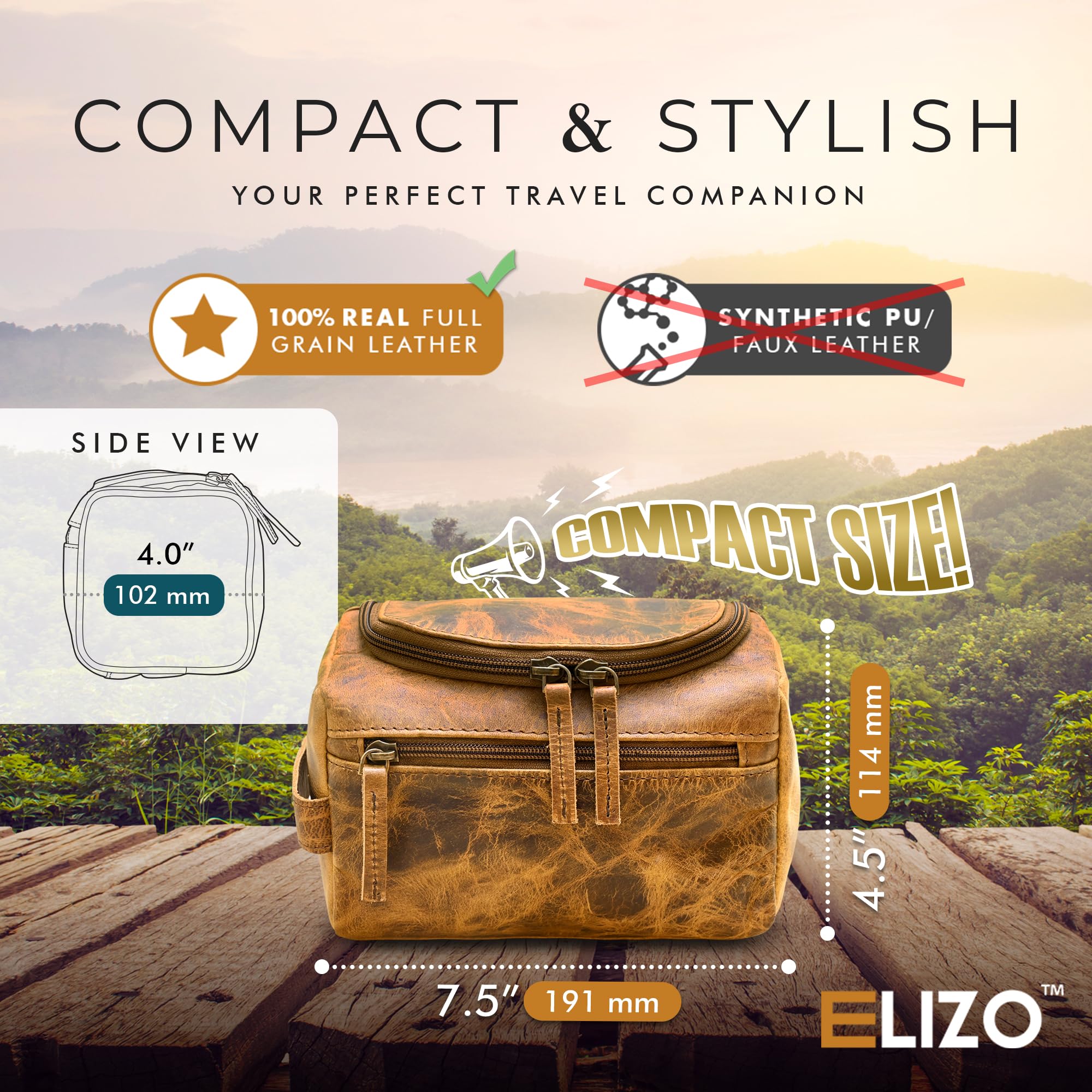 Premium Leather Toiletry Bag for Men - Waterproof Travel Organizer for Shaving & Grooming Essentials | Compact Dopp Kit for Business Trips, Vacations & Gym Use | ELIZO Tuscan Style Durable Men's Travel Bag