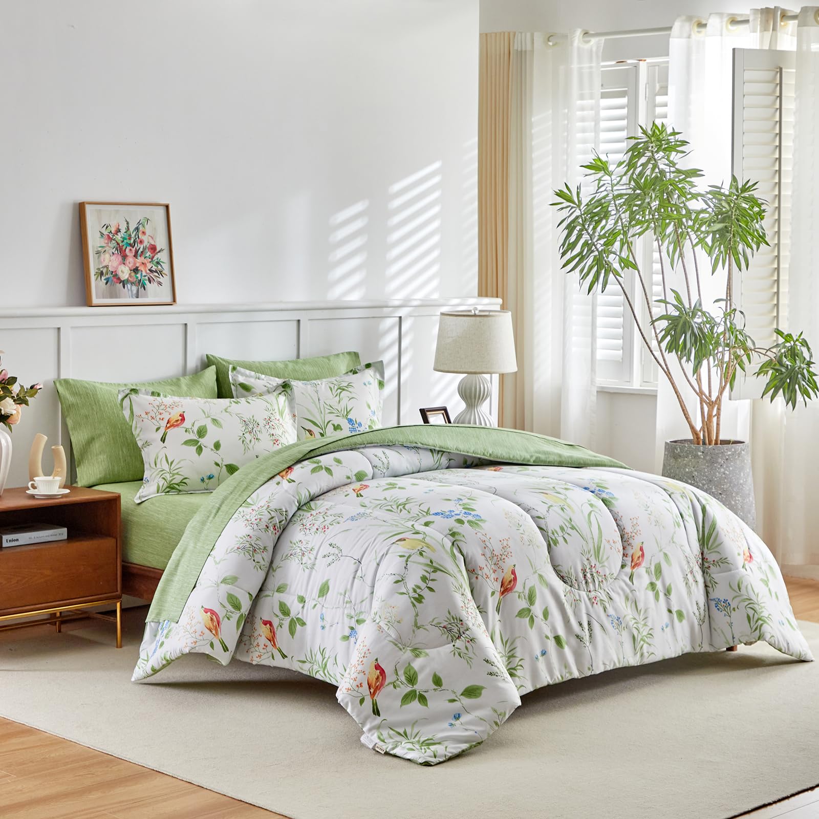 Joyreap 6-Piece Twin Bed in a Bag Set - Floral Comforter & Sheet Set with Green Leaves & Colorful Birds on White Design | All-Season Microfiber Bedding for Kids, Teens & Guest Rooms | Soft, Breathable & Easy Care