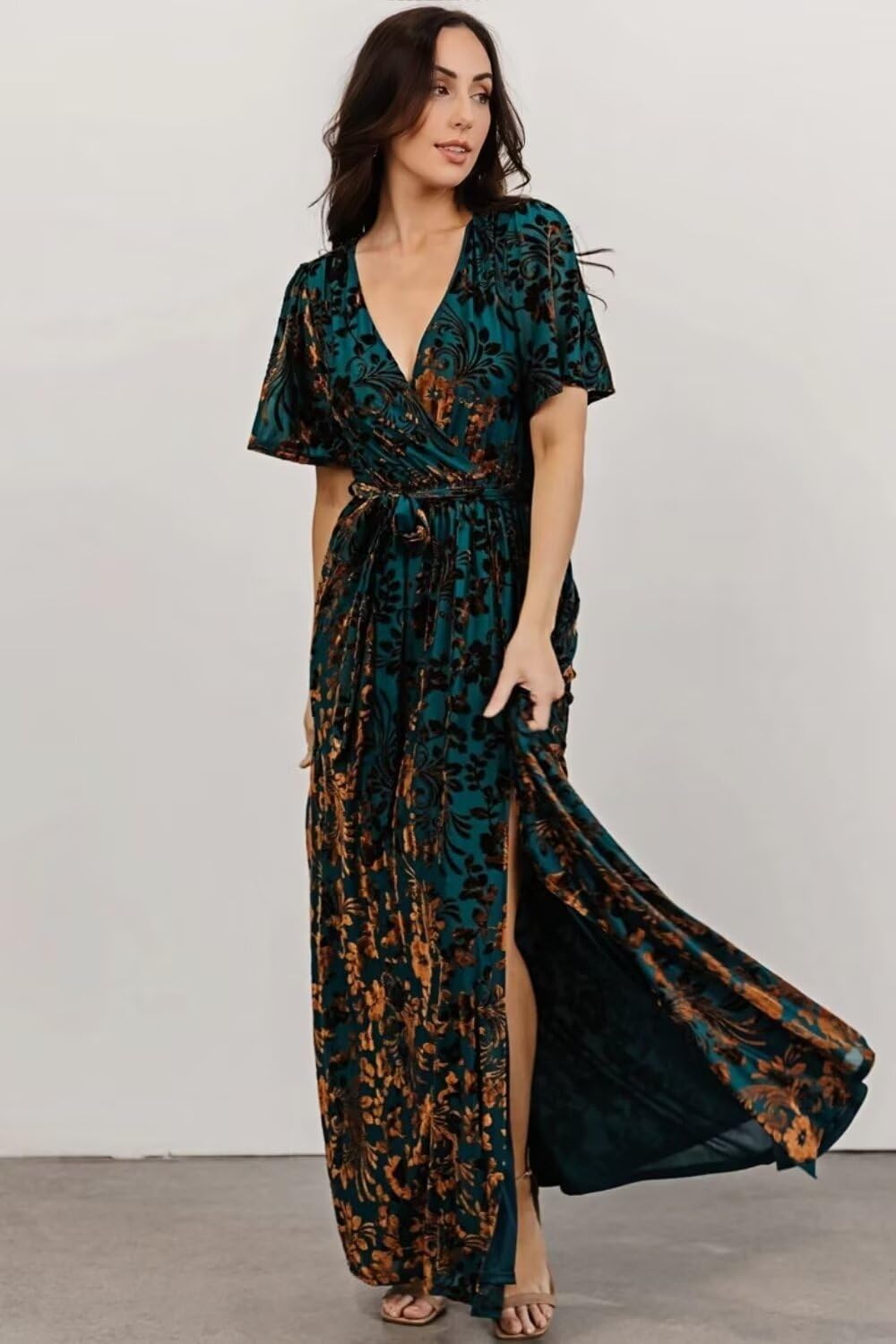 Women's Floral Velvet Wrap Dress - Short Sleeve V-Neck Cocktail & Formal Maxi Dress with Slit | Perfect for Evening Parties, Weddings & Special Occasions