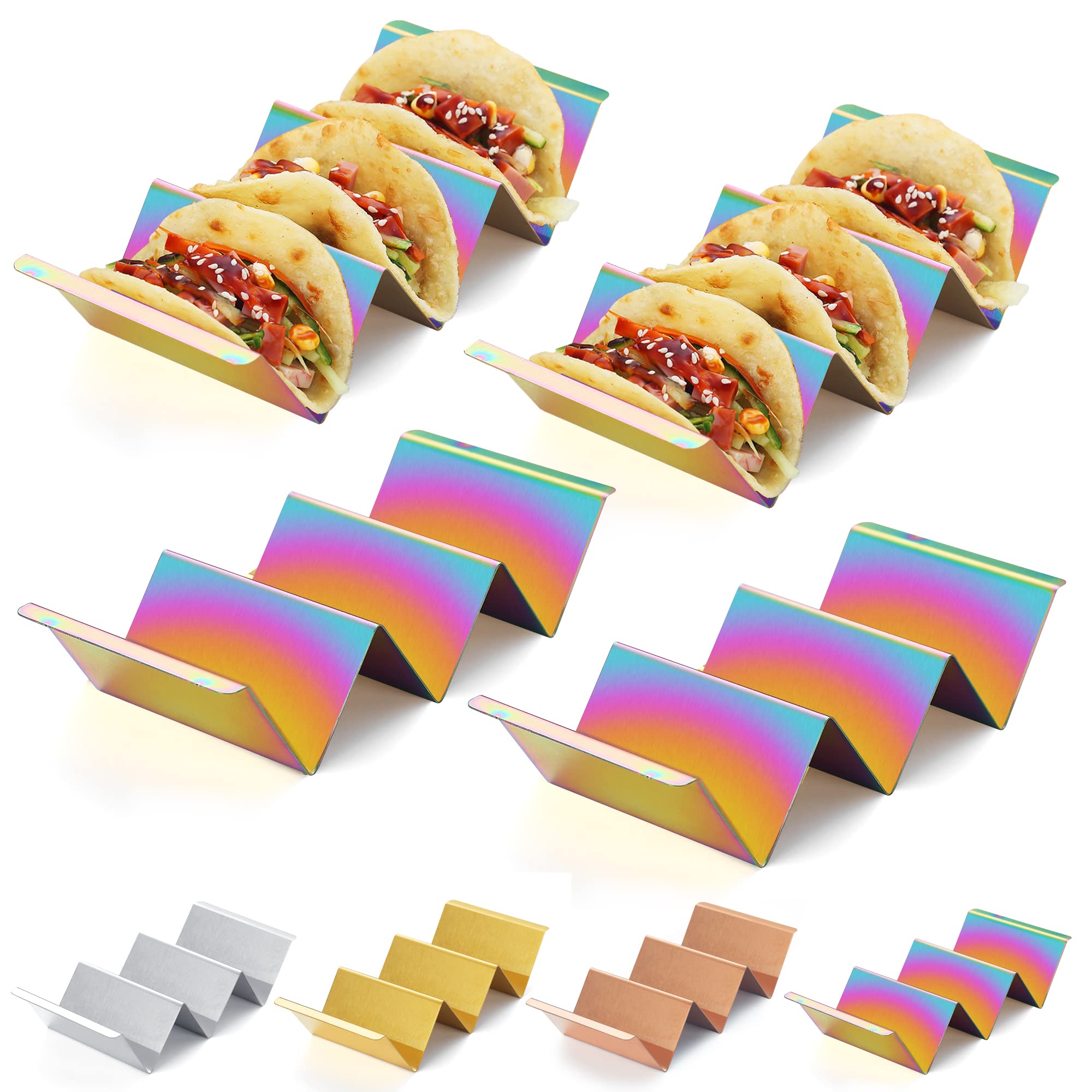 Rainbow Taco Holder Set - 4-Piece Titanium Plated Stainless Steel Taco Stands | Holds 3 Tortillas Per Rack | Oven & Dishwasher Safe | Perfect for Taco Tuesday, Mexican Fiesta & Kitchen Decor