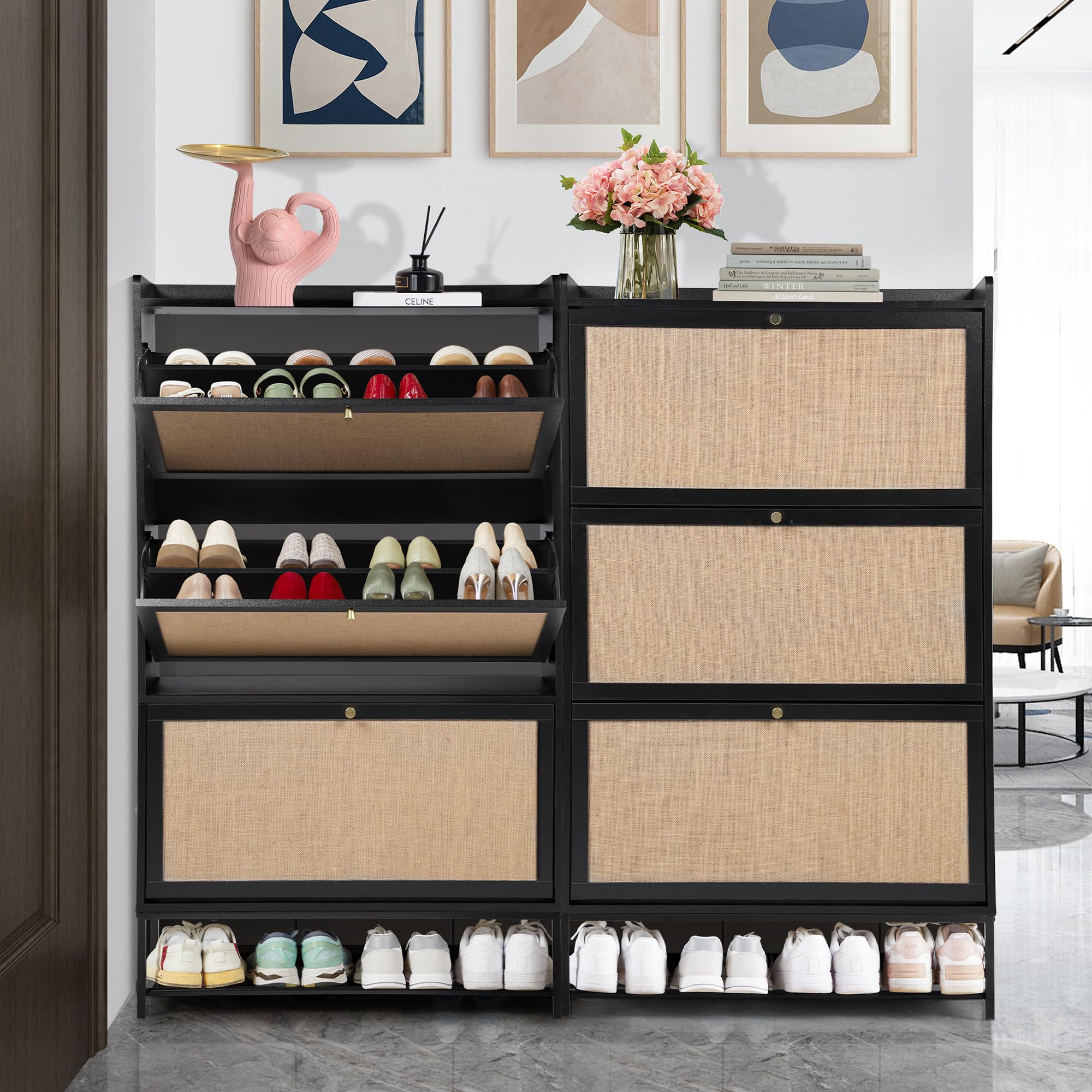 LEVNARY 3-Tier Flip Drawer Shoe Storage Cabinet - Freestanding Wooden Shoe Organizer with Metal Legs for Entryway, Hallway & Closet - Space Saving Narrow Shoe Rack for Sneakers, Boots & Heels (Black)