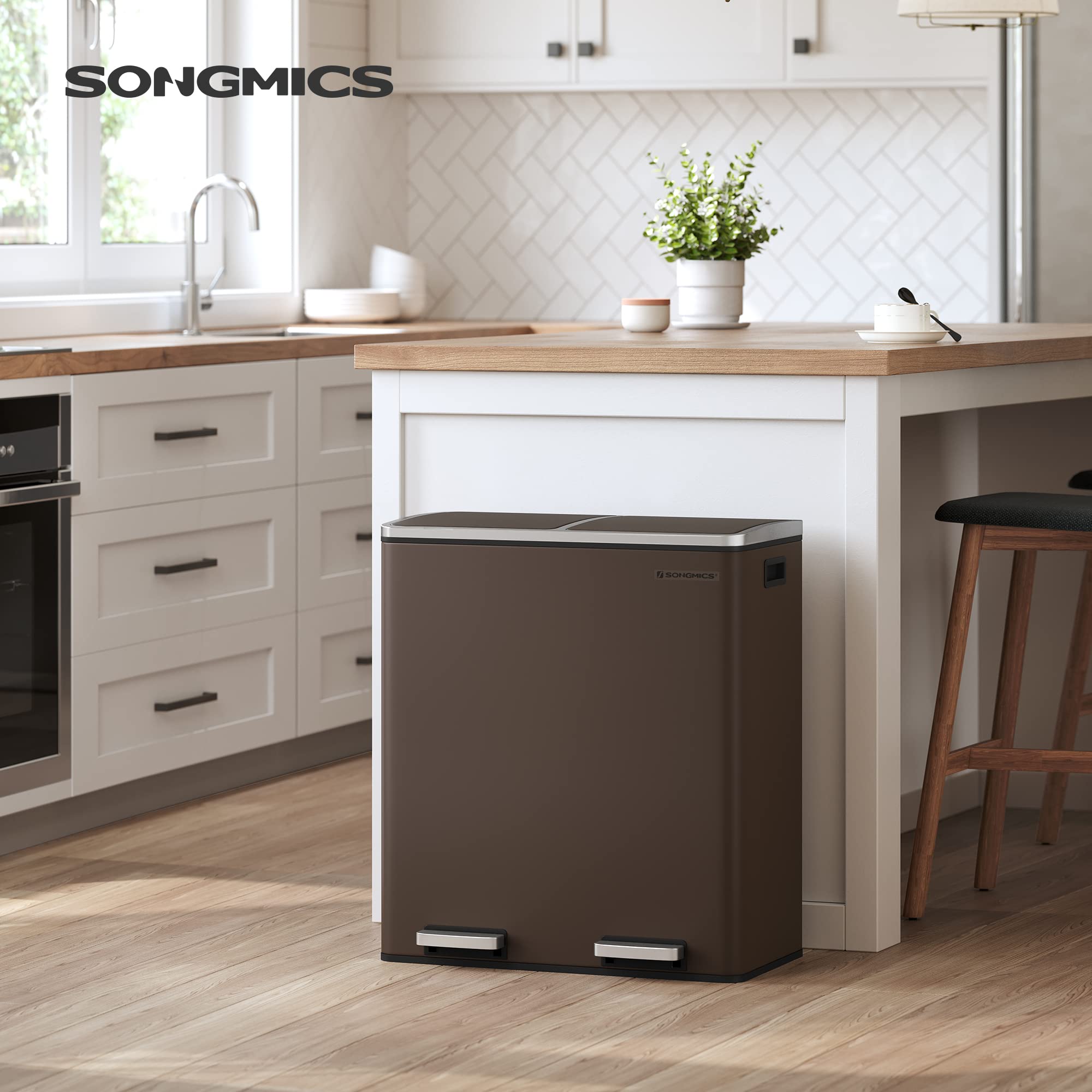 SONGMICS 8 Gallon (30L) Dual Compartment Trash Can with Hinged Lids - Airtight Kitchen Garbage Bin Includes 15 Trash Bags & Plastic Inner Buckets - Brown ULTB60BR for Home, Office, and Restaurant Use