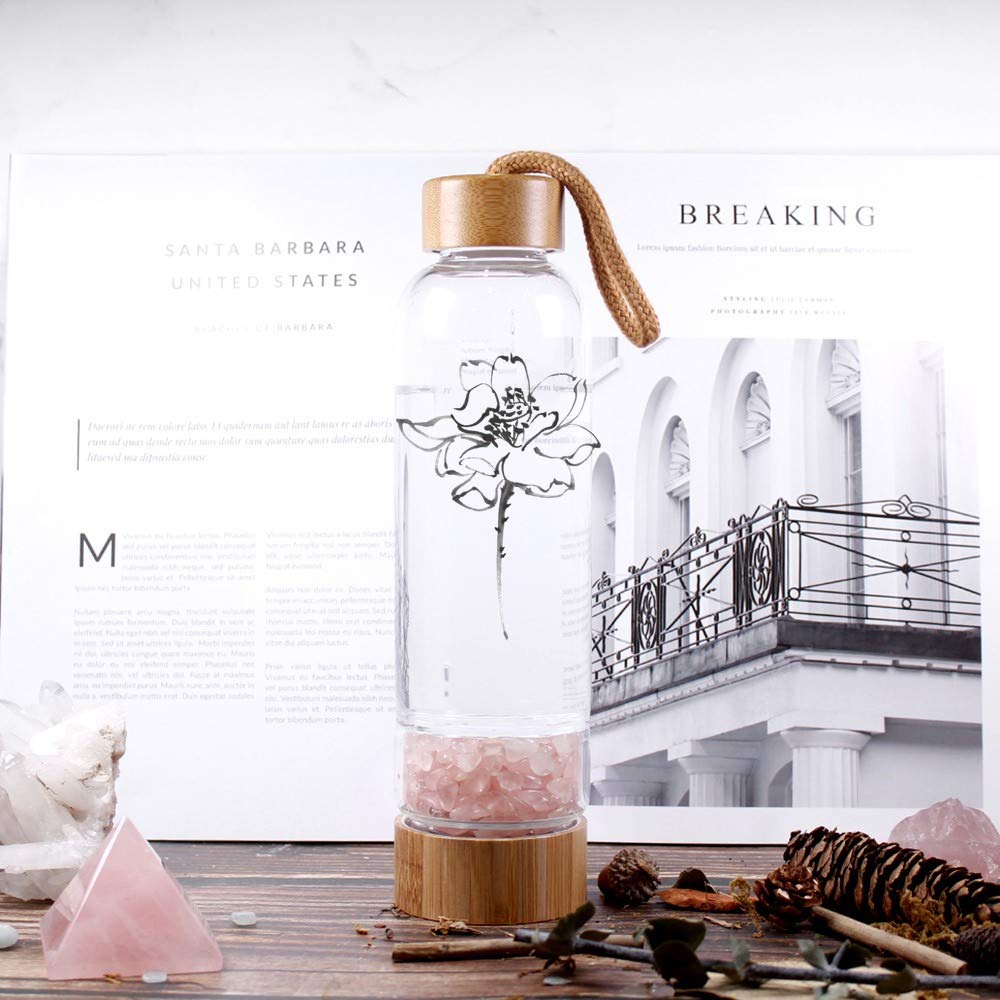 AITELEI 400ML Bamboo Crystal Elixir Water Bottle with Natural Gemstones - Quartz Gravel Infused Healing Glass Bottle for Energy & Wellness | Perfect for Yoga, Meditation & Holistic Healing Practices