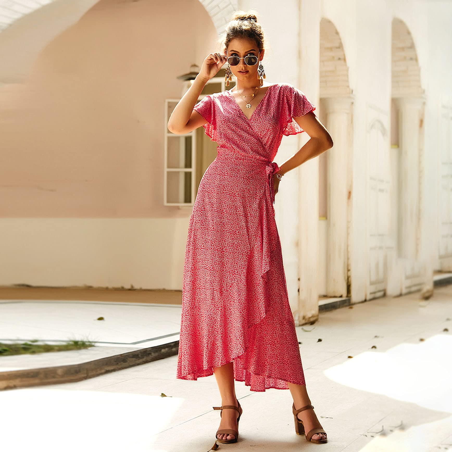 Floral Polka Dot Women's Summer Dress - V-Neck Short Sleeve Midi Dress with Belt | Perfect for Beach Vacations, Garden Parties & Casual Outings