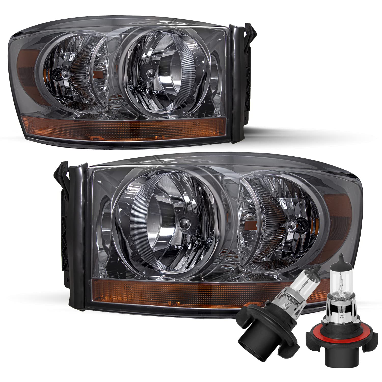 Aosky Headlight Assembly for 2006-2009 Dodge Ram 1500 2500 3500 - Smoke Housing with Amber Bottom Reflector (Bulbs Included) - Perfect for Night Driving & Off-Road Adventures