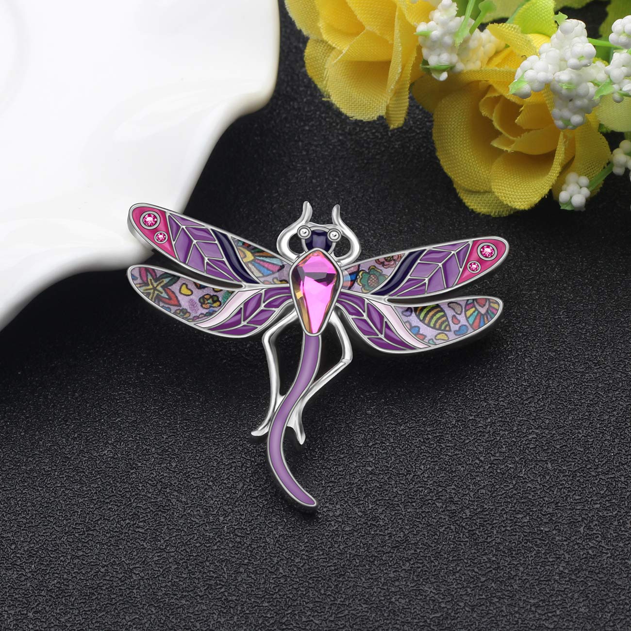 DOWAY Enamel Alloy Crystal Rhinestone Dragonfly Brooch Pin - Elegant Purple Lapel Pin for Women, Girls & Kids - Perfect for Spring Summer Fashion, Scarf & Clothing Decoration - Great Gift Idea for Birthdays & Special Occasions