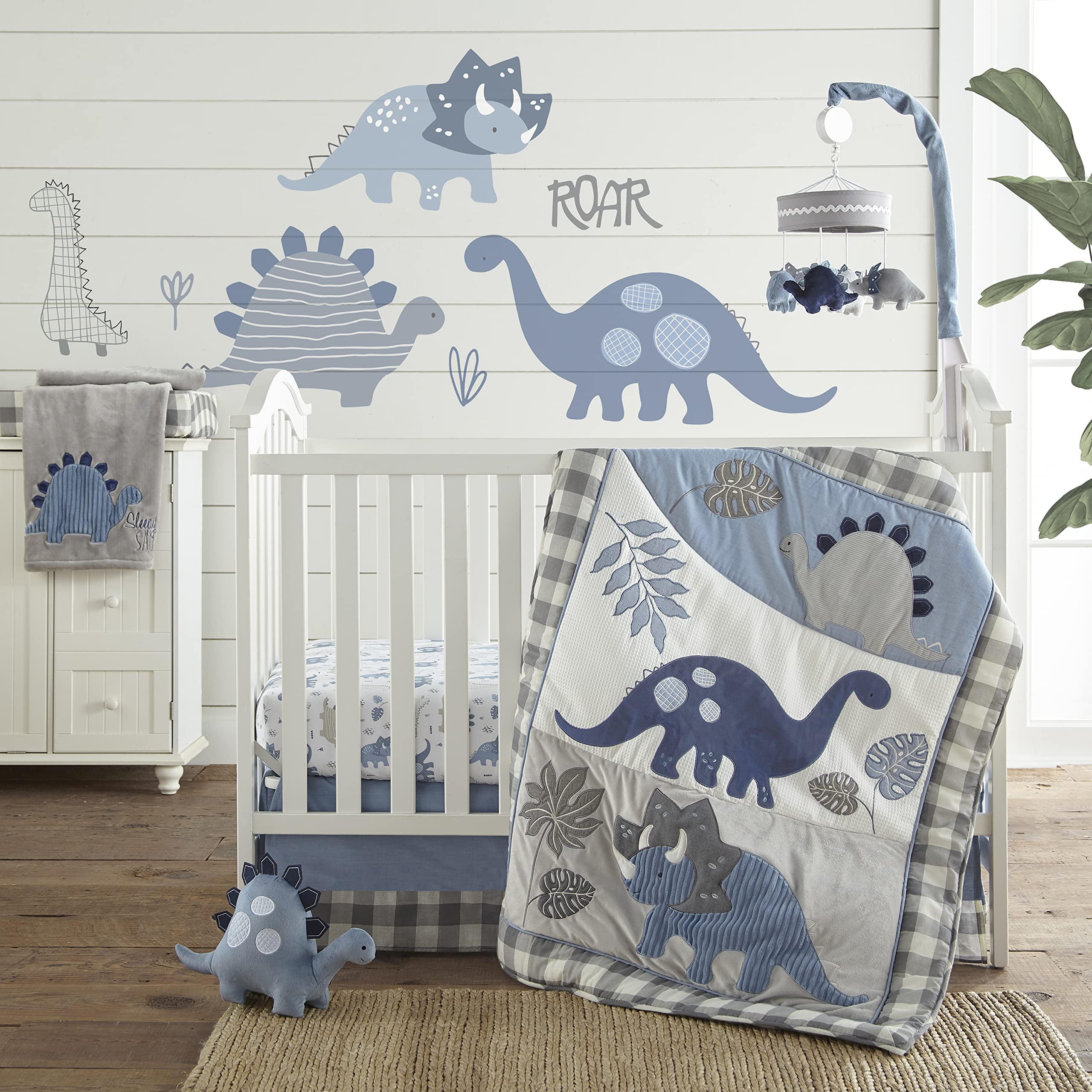 Levtex Baby Kipton 4-Piece Crib Bedding Set - Dinosaur & Leaf Print Nursery Collection in Grey, White & Blue - Includes Quilt, Fitted Sheet, Dust Ruffle & Wall Decal - Perfect for Newborn & Toddler Room Decor