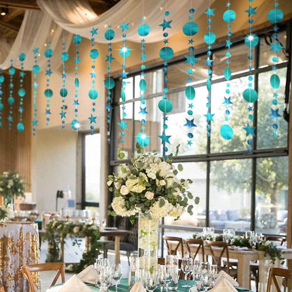Cheerland Glitter Teal Blue Star Circle Garland - Hanging Dot Banner Streamer for Wedding, Birthday, Bridal Shower, Bachelorette & Graduation Party Decorations | Perfect for Backdrop, Photo Booth & Ceiling Decor
