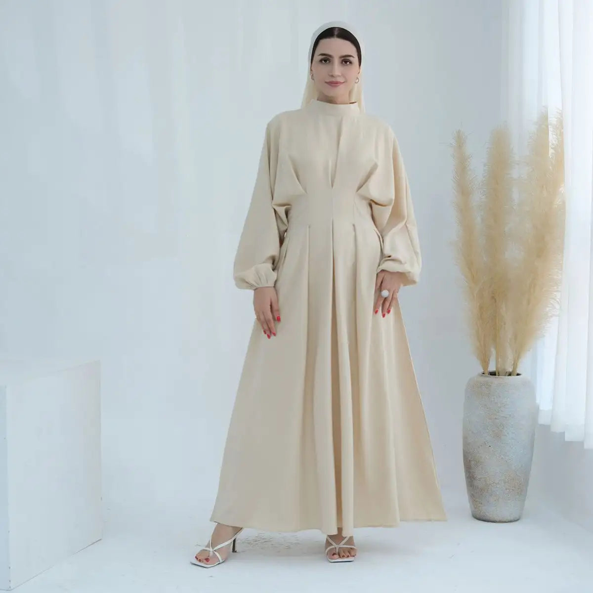 Modest Muslim Women's Elastic Sleeve Linen Abaya Dress - Comfortable Prayer Dress for Home & Mosque