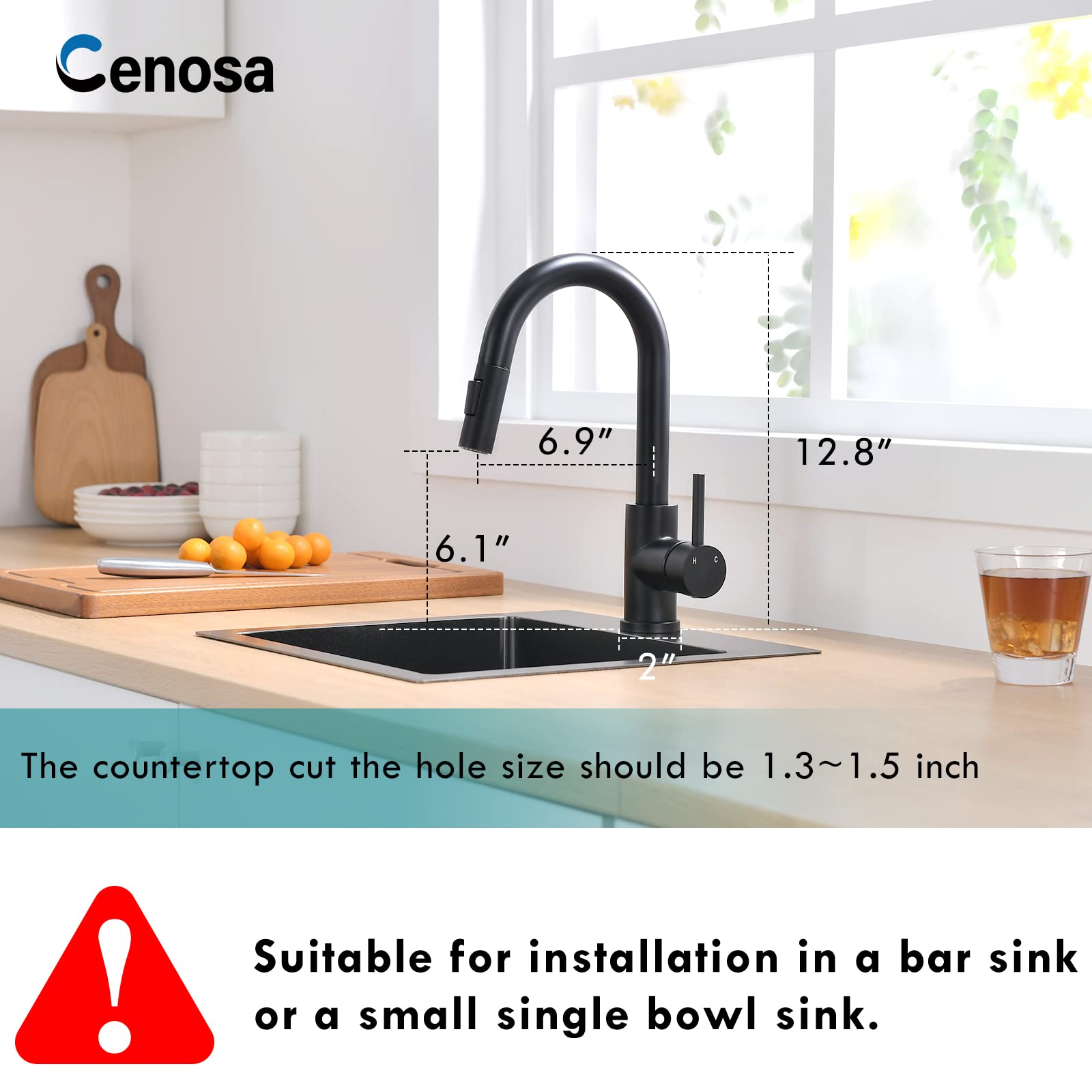 Modern Matte Black Single Handle Pull-Out Sprayer Kitchen Bar Sink Faucet with Hot & Cold Water - Perfect for Prep Sinks, Wet Bars, and Small Kitchen Spaces