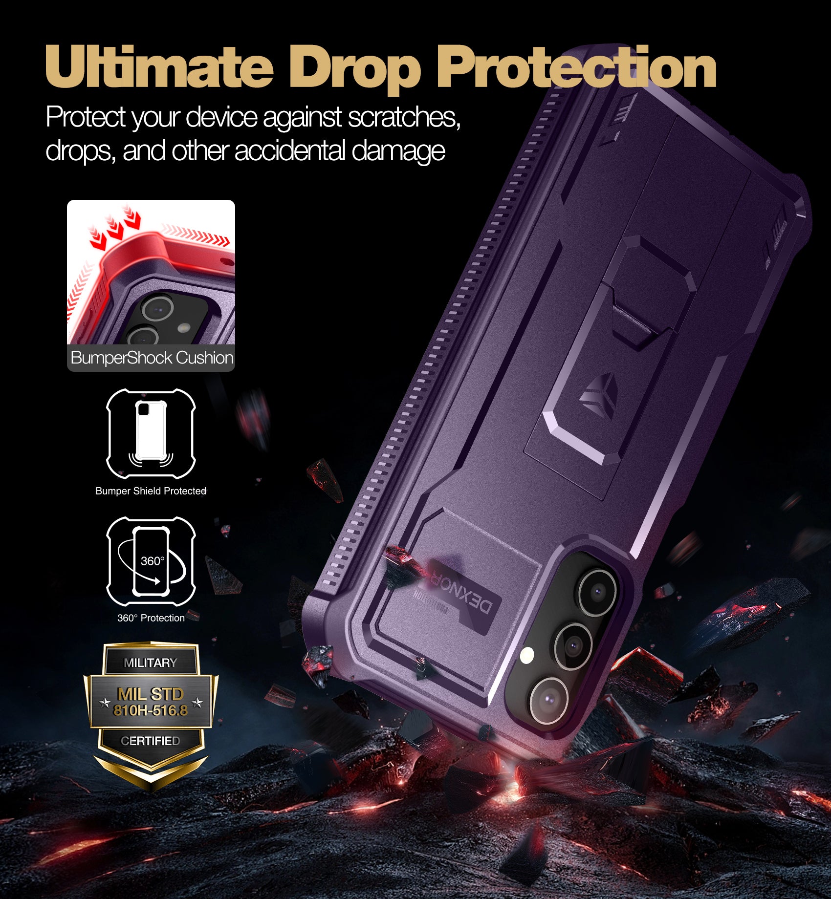 Dexnor Heavy Duty Shockproof Rugged Case for Samsung Galaxy A34 5G with Screen Protector, Full Body Bumper & Kickstand - Perfect for Outdoor Activities, Work & Travel Protection