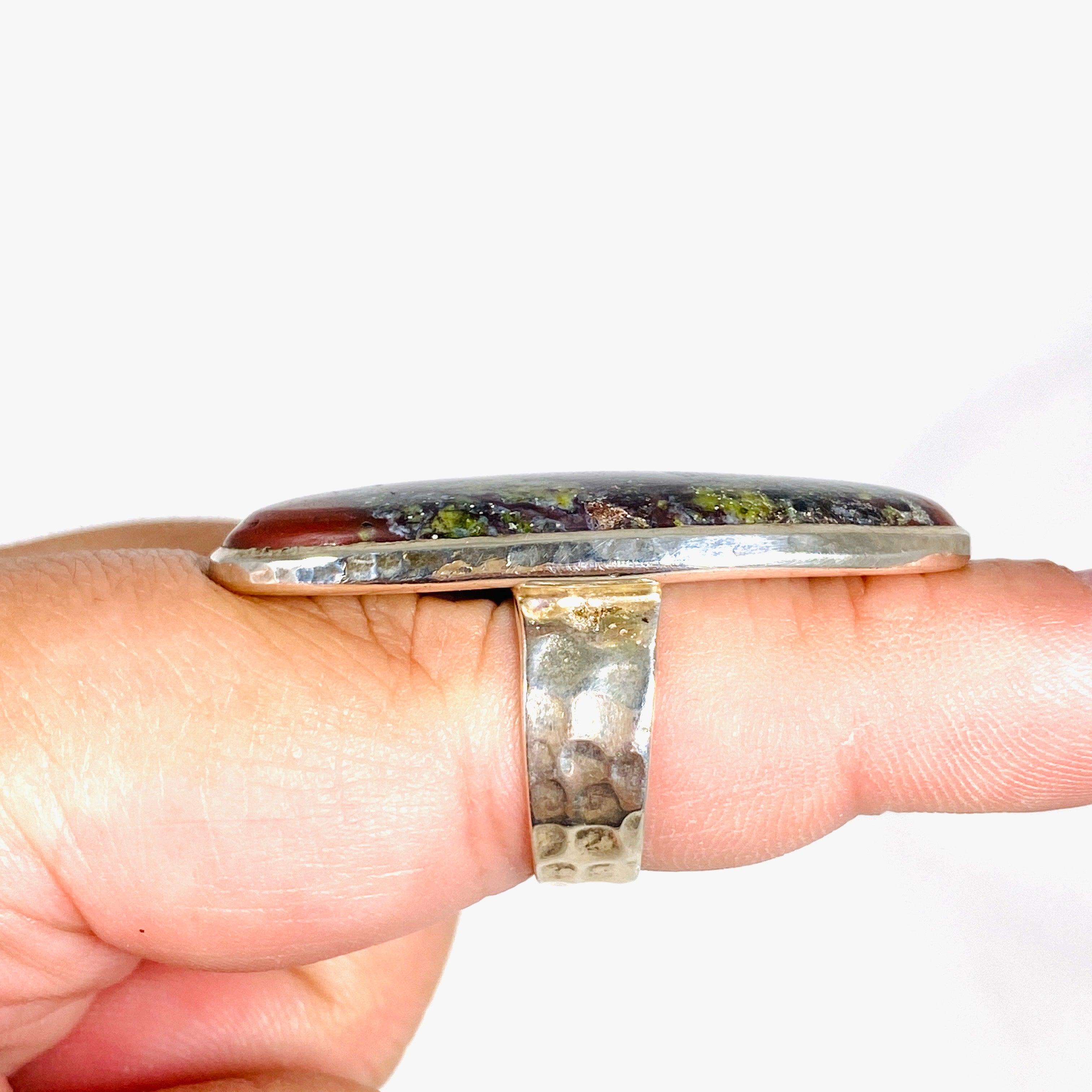 Dragon's Blood Jasper Oval Hammered Band Ring - Size 8, KRGJ1684 - Handmade Gemstone Jewelry for Spiritual Healing & Energy Protection