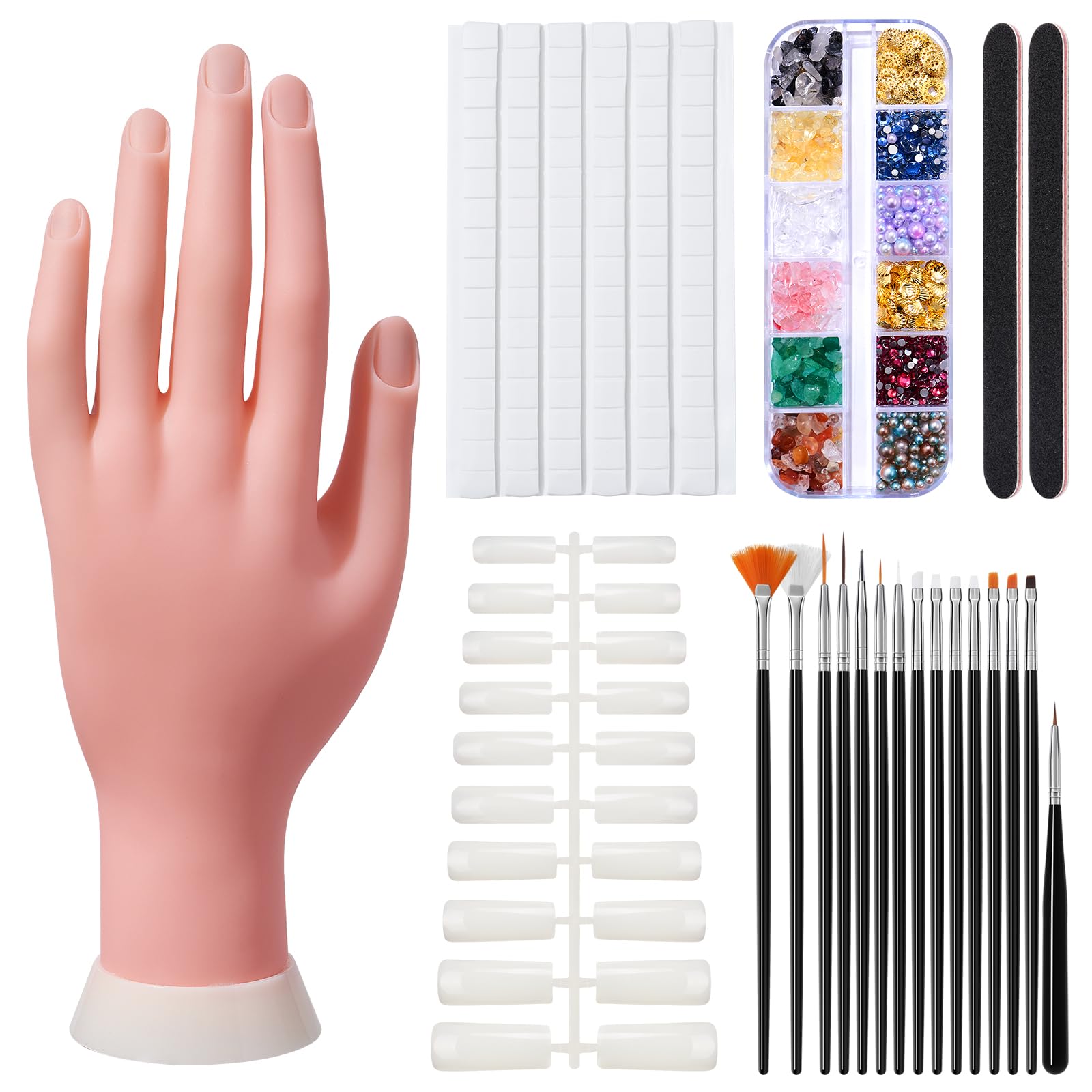 Professional Acrylic Nail Practice Hand - Flexible Bendable Mannequin Hand with 100PCS Nail Tips, Painting Pen, Nail Clay & Rhinestones - Perfect for Nail Art Training, Salon Practice & DIY Manicure at Home