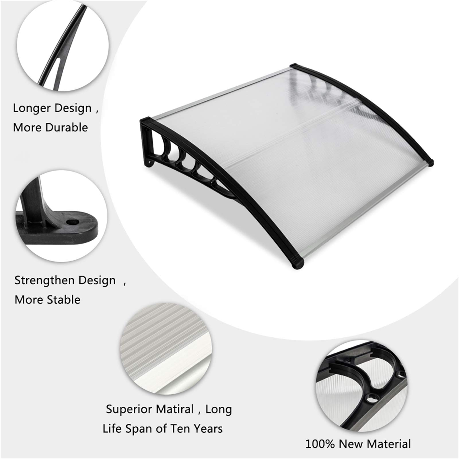 Flandre 40x40 Inch White Polycarbonate Patio Door Awning Canopy with Black Bracket - UV Protection, Weatherproof Cover for Rain & Snow - Perfect for Front Door, Window, and Outdoor Patio Shelter (Model HT-100)