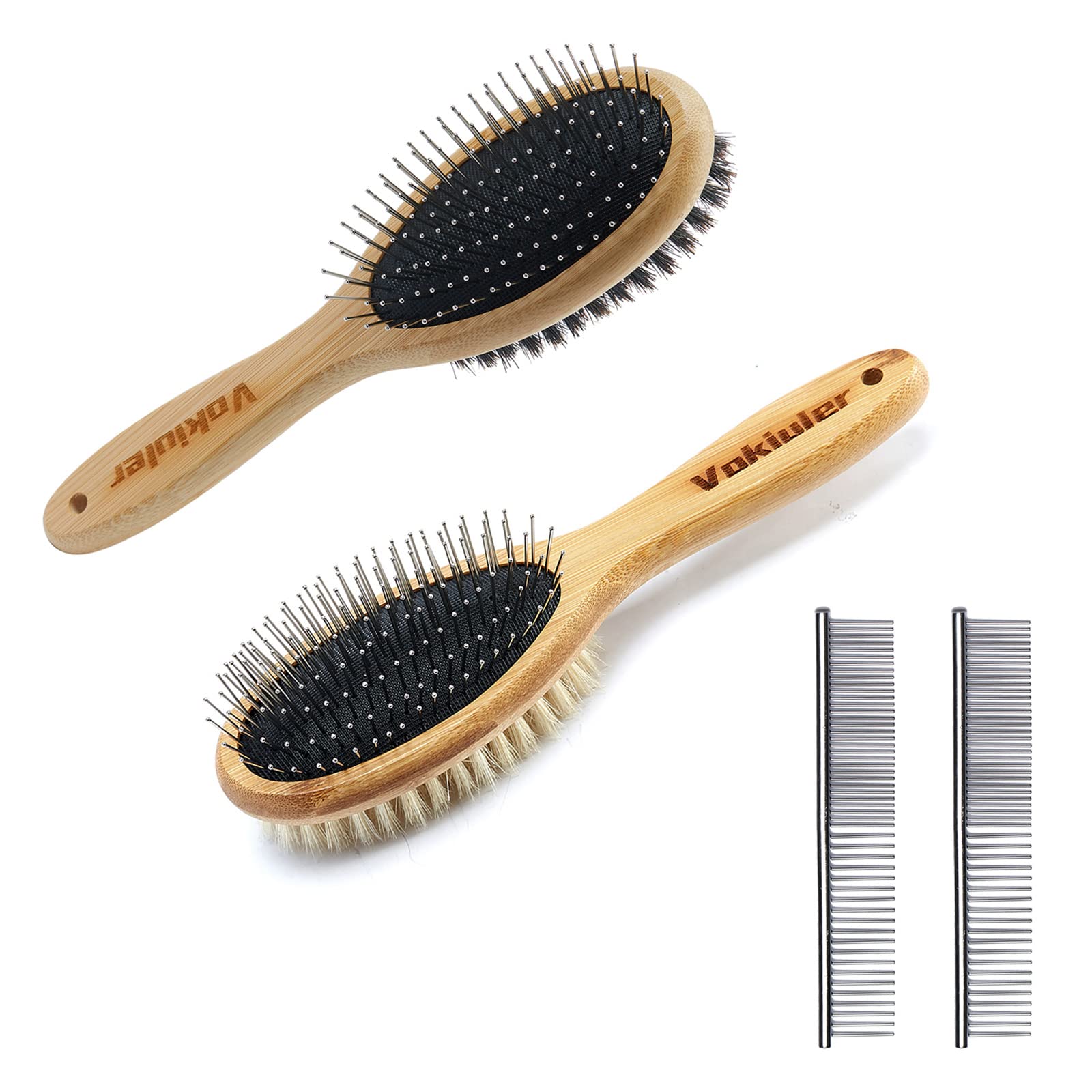 Double Sided Dog & Cat Grooming Brush - Boar Bristle & Pin Pet Brush for Shedding Control - Bamboo Handle for Long & Short Hair - 2 Pack Black & White Combs - Perfect for Daily Pet Grooming at Home