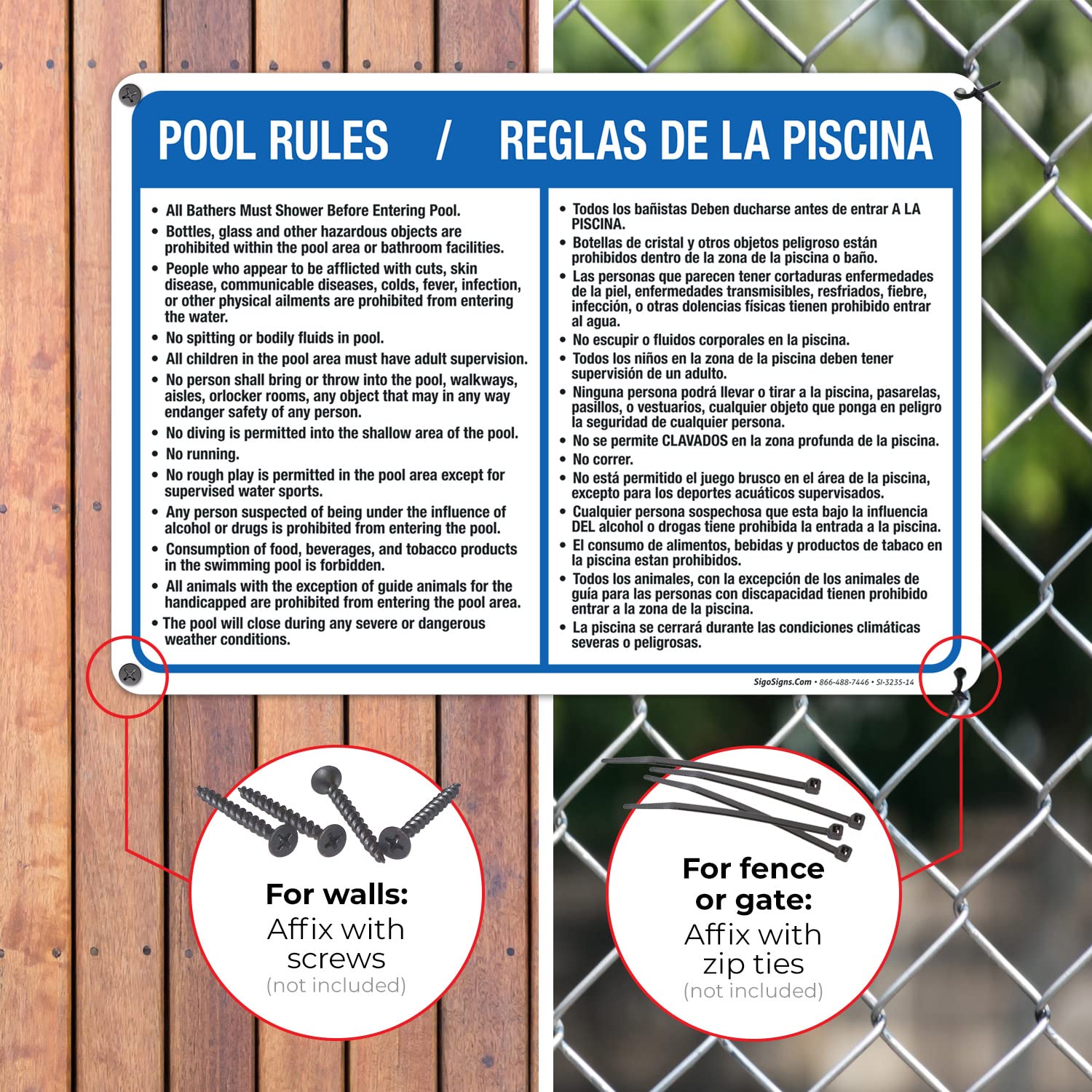 Bilingual Pool Rules Sign - English & Spanish, 10x14 Inch Rust-Free .040 Aluminum, Fade-Resistant, Easy Mounting for Indoor/Outdoor Use | Made in USA | Perfect for Community Pools, Backyard Swim Areas & Water Parks