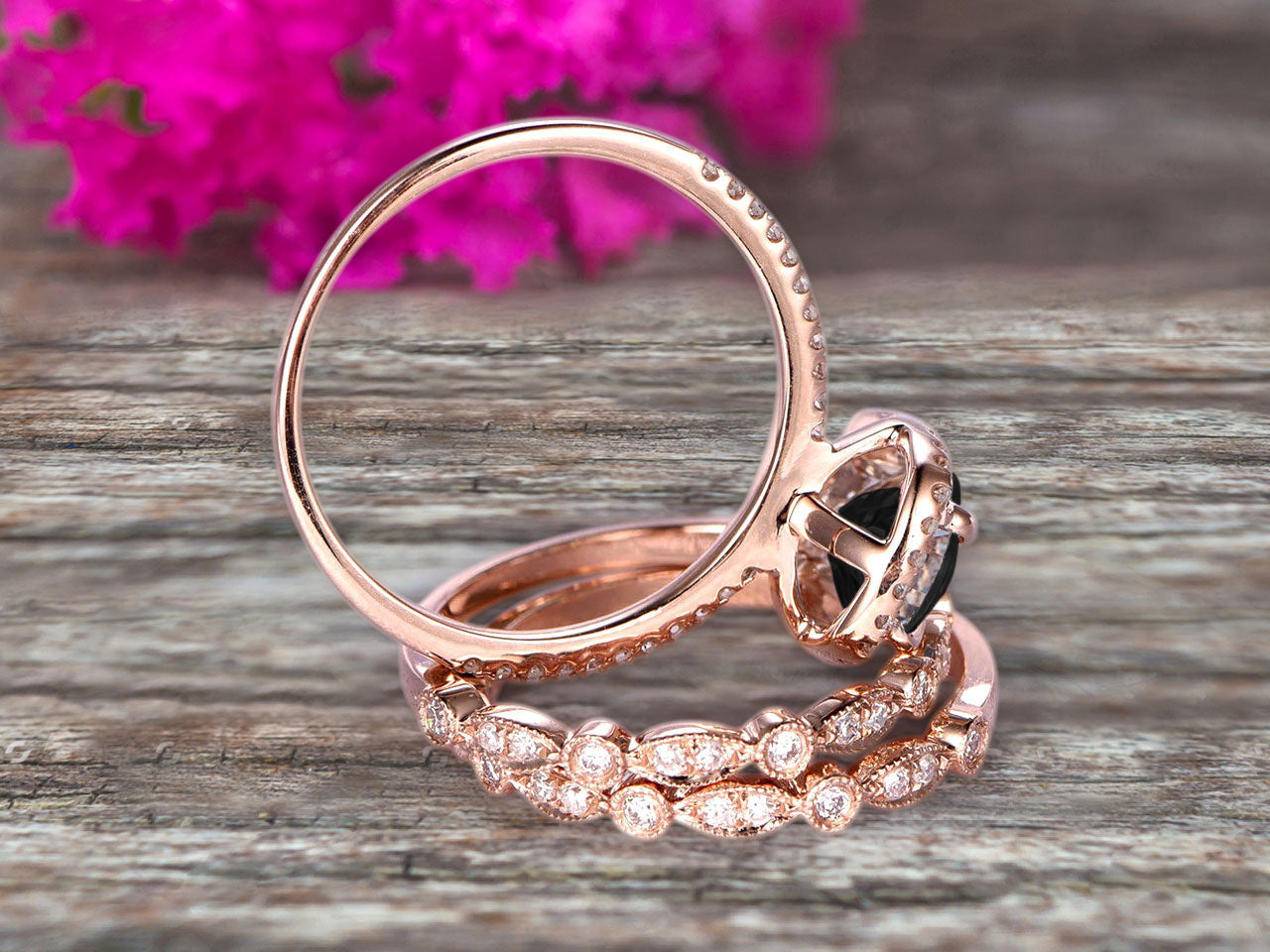 2 Carat Oval Cut Black Diamond Moissanite Engagement Ring in 10k Rose Gold with Art Deco Vintage Matching Wedding Band Set - Perfect for Proposals, Anniversaries & Bridal Jewelry