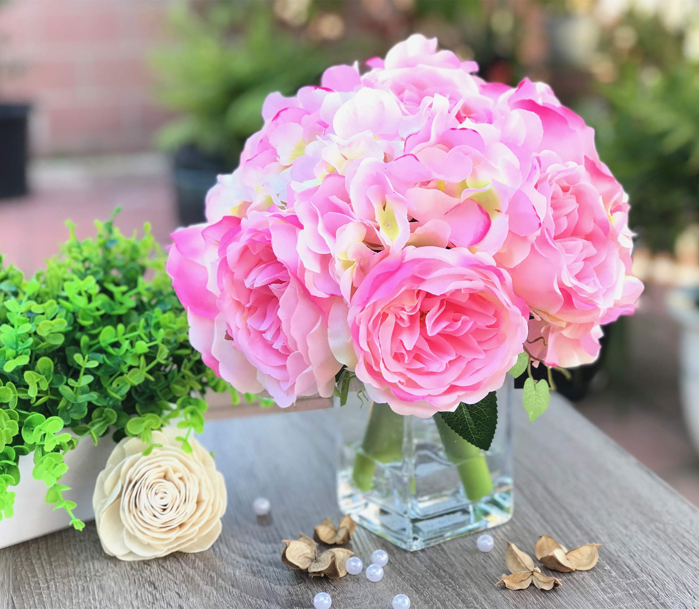 Enova Home Artificial Silk Peony & Hydrangea Flower Arrangement in Clear Glass Vase - Elegant Wedding & Home Decor (Pink) | Perfect for Centerpieces, Table Decorations & Living Room Accents