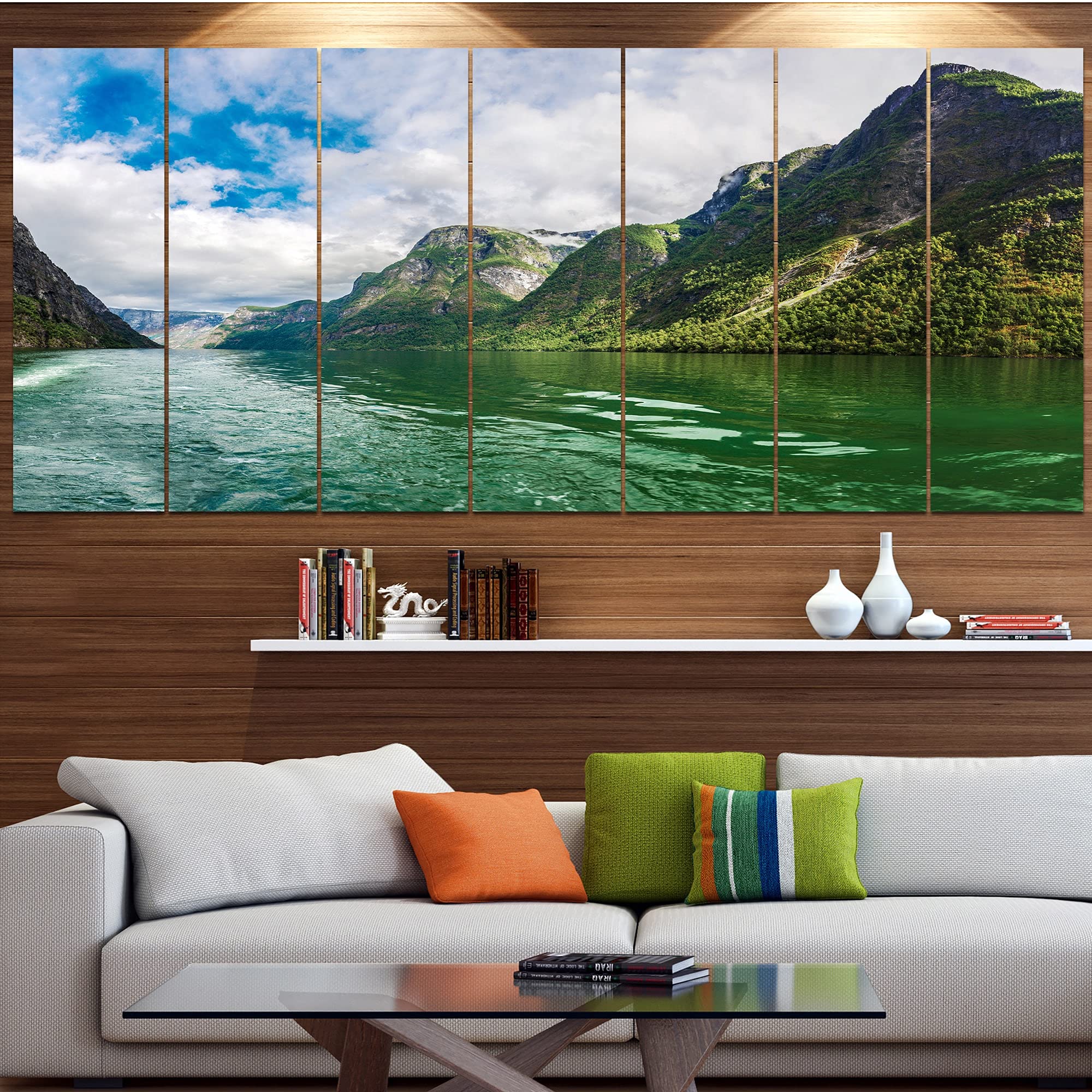 Green Lake Sognefjord Norway Landscape Canvas Wall Art Print - 48x28 Inch 4-Panel Scandinavian Nature Wall Decor for Living Room, Bedroom & Office