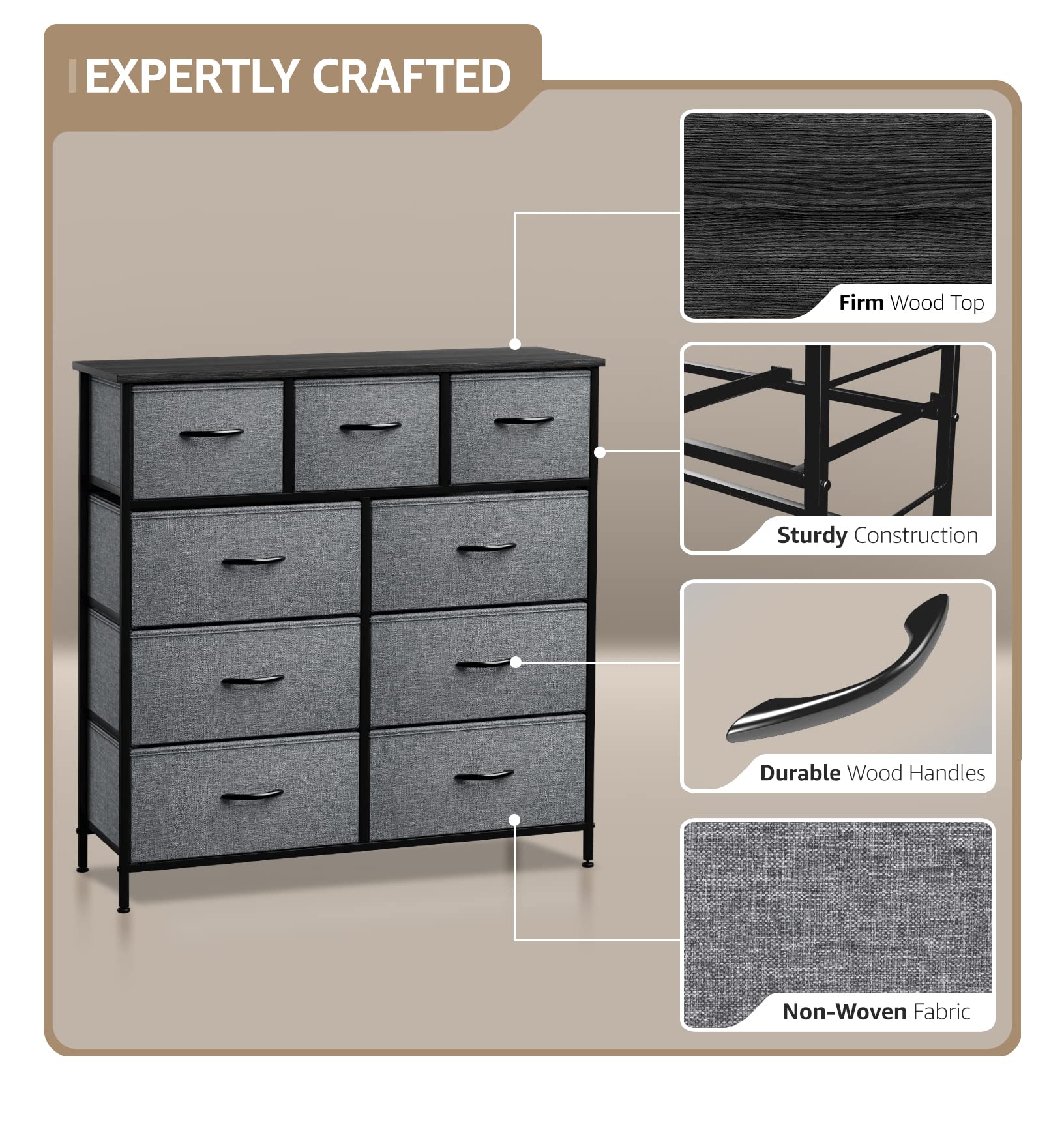 Sorbus 9-Drawer Dresser Storage Organizer - Black Steel Frame & Wood Top Chest Tower with Easy Pull Fabric Bins for Bedroom, Hallway, Closet & Office | Space-Saving Furniture for Small Apartments & Dorm Rooms
