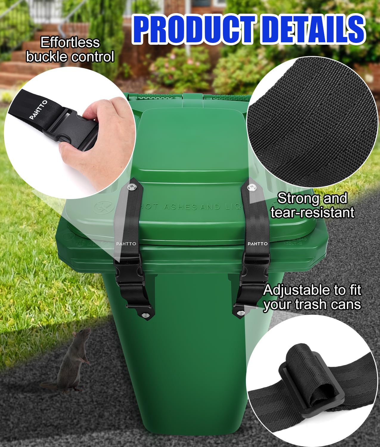 2PCS Heavy-Duty Bear Proof Trash Can Locks - Adjustable Nylon Garbage Bin Lid Straps for Outdoor Use | Universal Animal-Resistant Trash Can Security | Easy Installation for Camping, Backyard & Wildlife Areas
