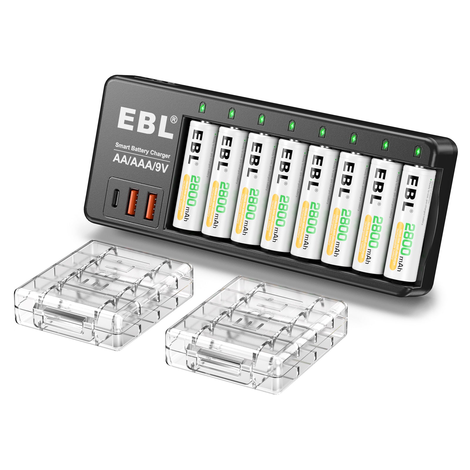 EBL AA AAA 9V Rechargeable Battery Charger with 8 AA & 8 AAA Batteries - Fast Charging for Cameras, Toys, Remote Controls & Electronics