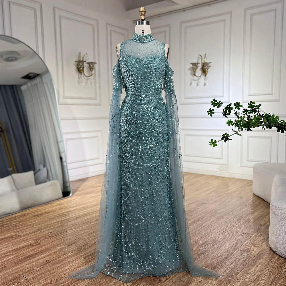 Luxury Dubai Pink Cape Sleeves Mermaid Beaded Arabic Evening Dress for Women - Elegant Long Gown for Wedding, Party & Special Occasions - Serene Hill LA71992A
