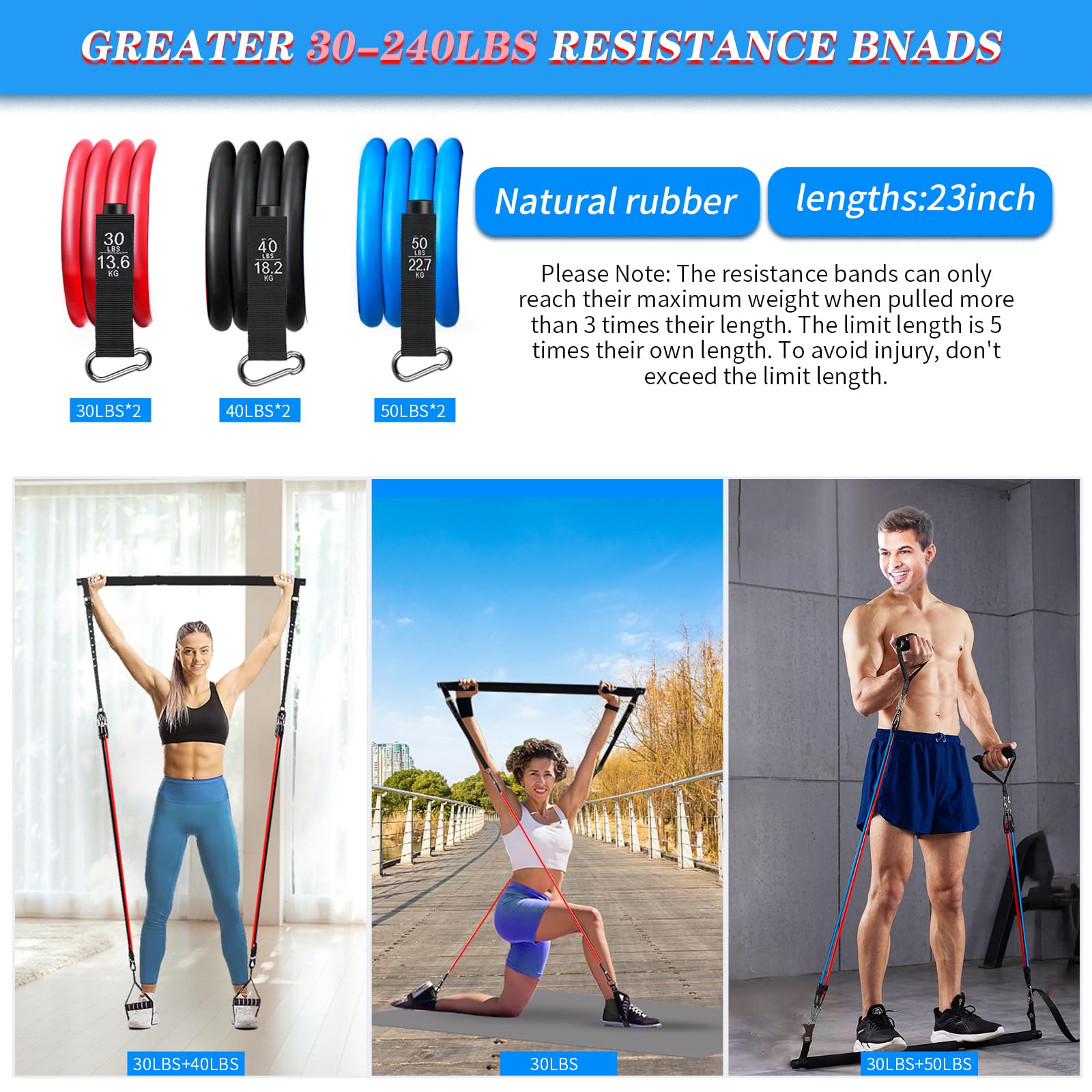 Pilates Bar Kit with 6 Resistance Bands (30,40,50lbs) - Portable Home Gym Equipment for Men & Women - Yoga Exercise Bar Set for Weight Squats, Thighs & Glutes - Perfect for Home Workouts, Yoga, Pilates & Strength Training