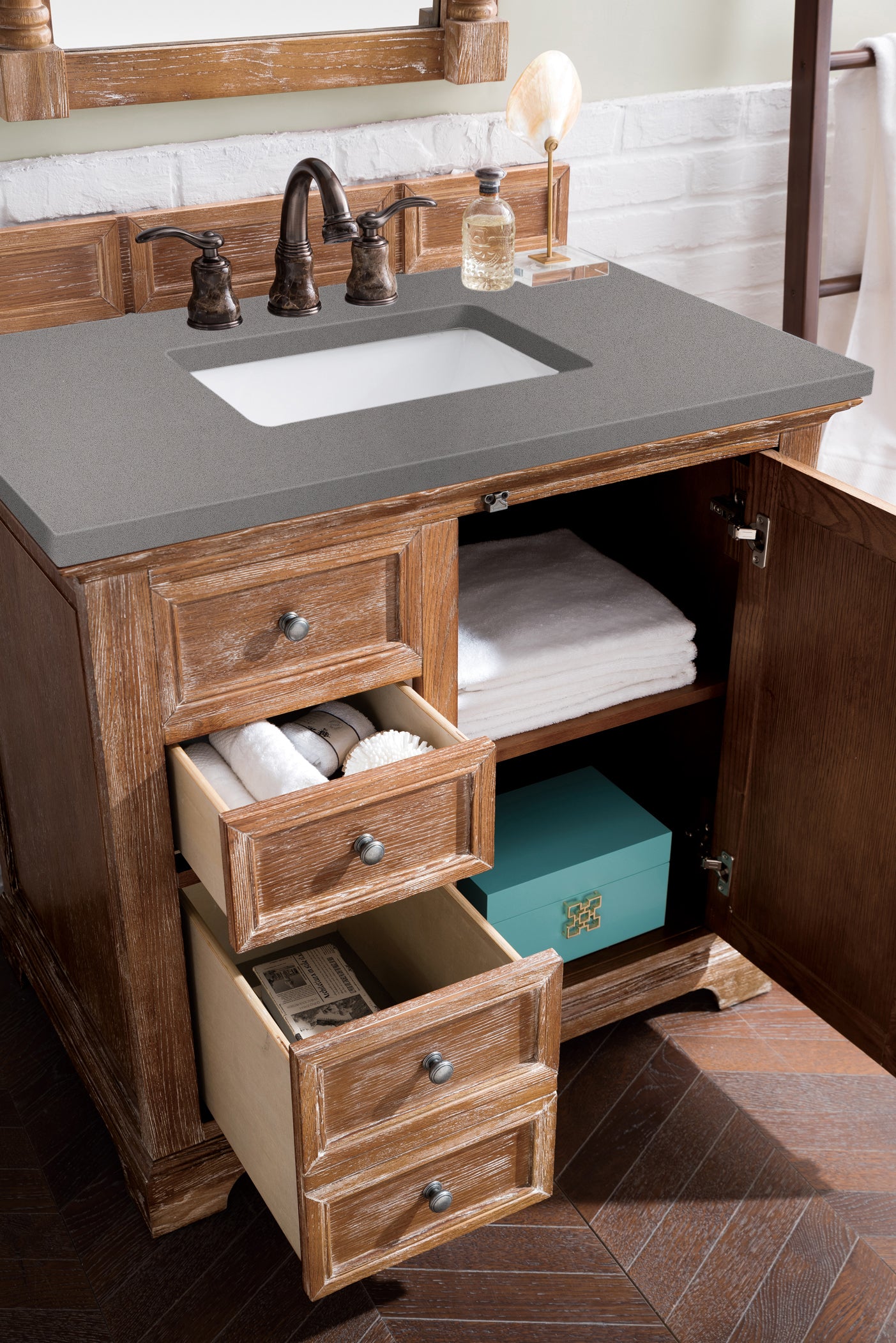 Providence 36 Inch Single Bathroom Vanity Set with Driftwood Finish & 3CM Grey Expo Quartz Countertop - Perfect for Modern Home, Apartment, and Guest Bathroom Remodeling