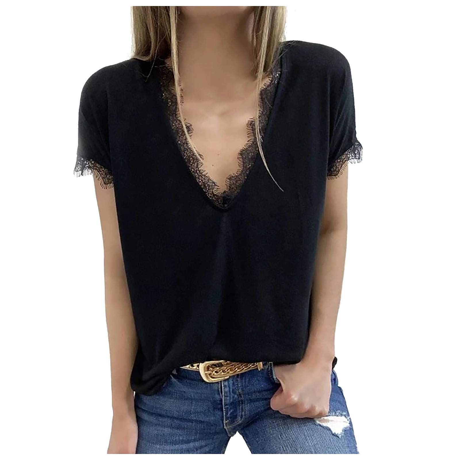 Floral Print V-Neck Lace Tunic Top for Women - Summer Casual Short Sleeve Blouse, Vacation T-Shirt, Flowy Tank Top - Blue & Black Options - Perfect for Beach Outings, Date Nights & Summer Travel